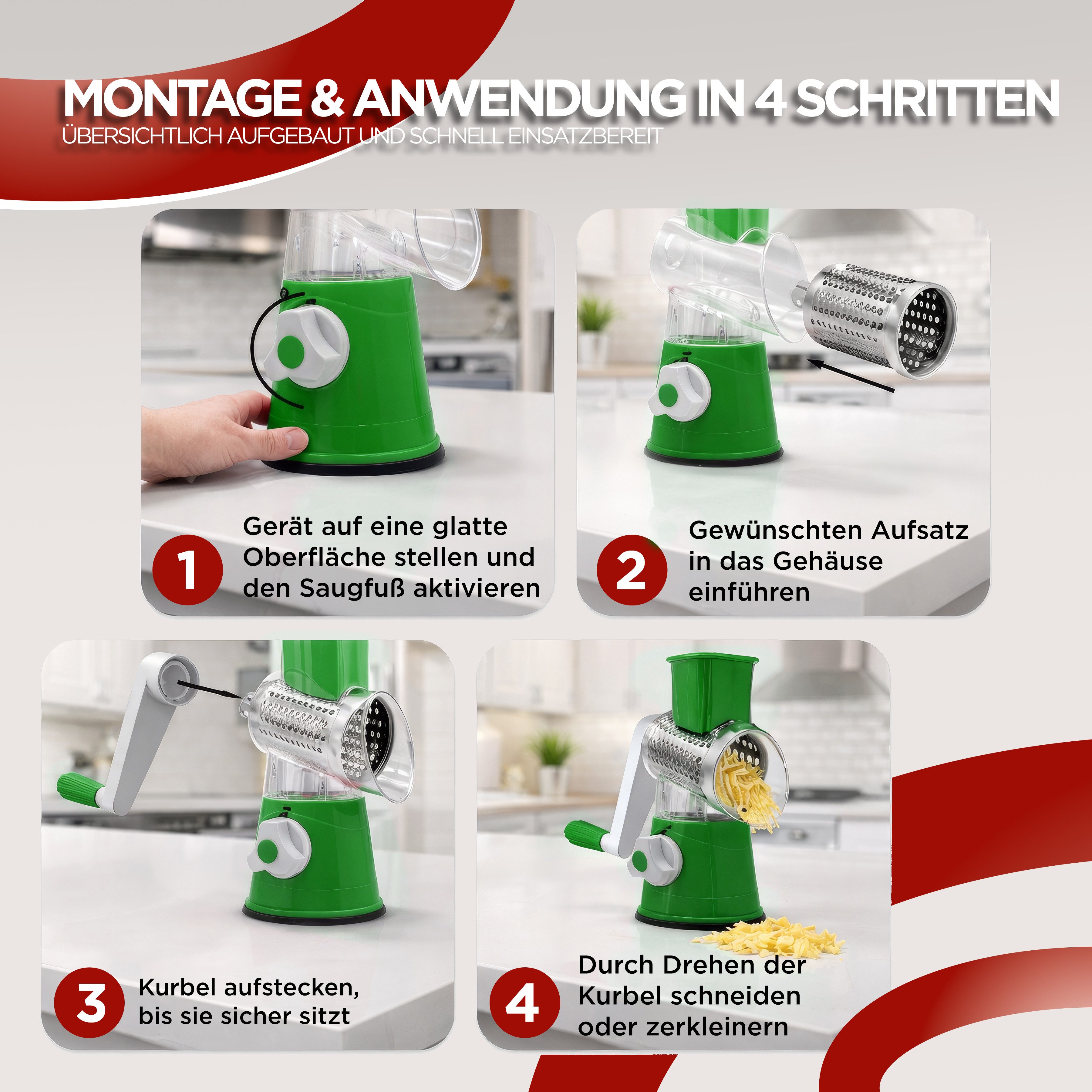 BI International Gemüseschneider Gemüseschneider mit Kurbel, Trommelreibe mit 3 Edelstahl-Klingen – Bild 5 von 5