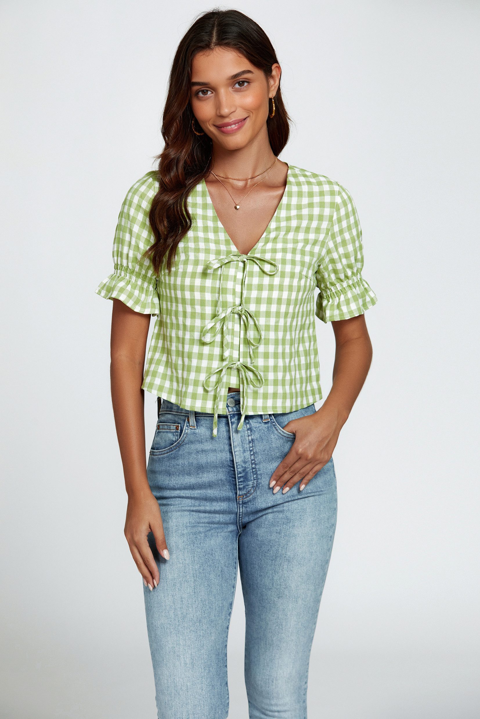 FS Collection Kurzarmbluse Damen Sommerbluse Freizeitbluse Karobluse Cropped Bluse Rüschen (XS (EU:36 / UK:8) · S (EU:38 / UK:10) · M (EU:40 / UK:12) · L (EU:42 / UK:14) · XL (EU:44 / UK:16) Karomuster, Cropped Schnitt, Bindeband vorne, 100% Baumwolle