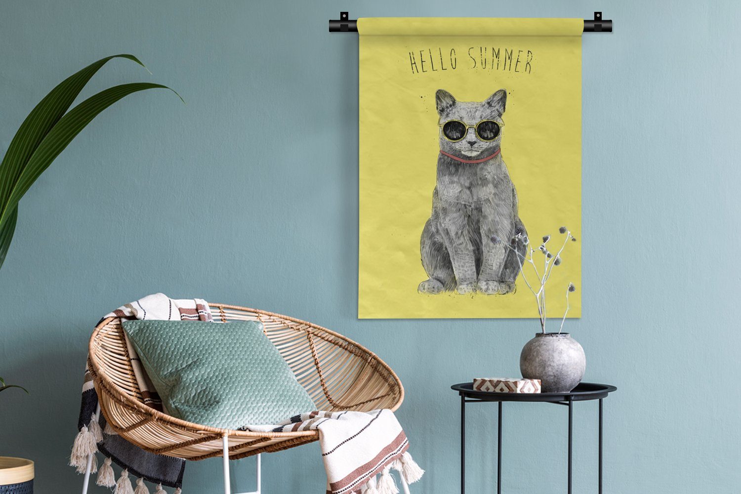 MuchoWow Wanddekoobjekt Hallo Sommer Gelb, - an - Schlafzimmer Katze für Wohnzimmer, der Brille Wand, - Tapisserie, Deko