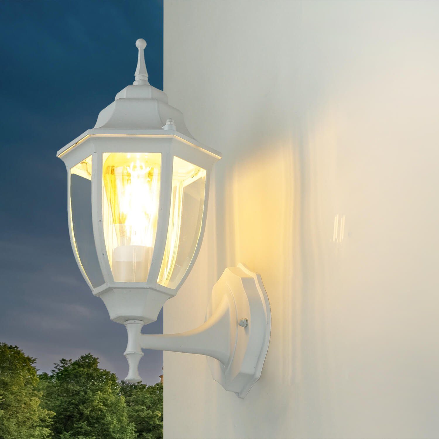 Licht-Erlebnisse Außen-Wandleuchte LYON, ohne Leuchtmittel, Außenlampe Wand Weiß IP44 E27 Glas Aluminium Rustikal Außenwandlampe