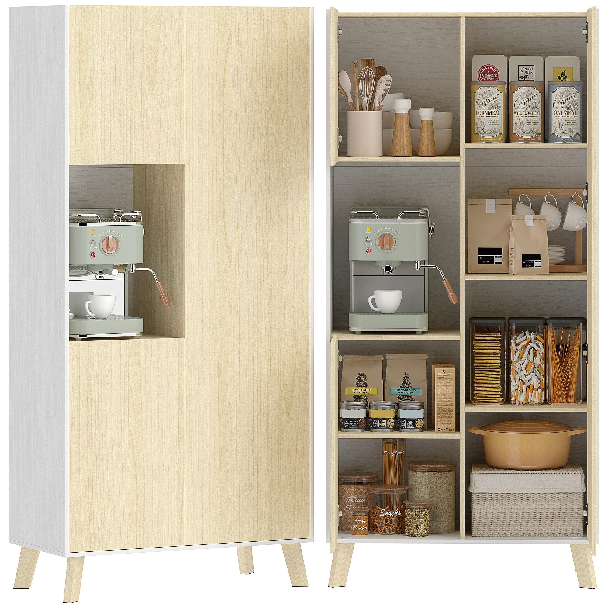 HOMCOM Küchenbuffet (Hochschrank, 1-St., Küchenschrank mit drei Türen und offenem Fach) Soft-Close-Scharniere, verstellbare Böden, hohe Belastbarkeit