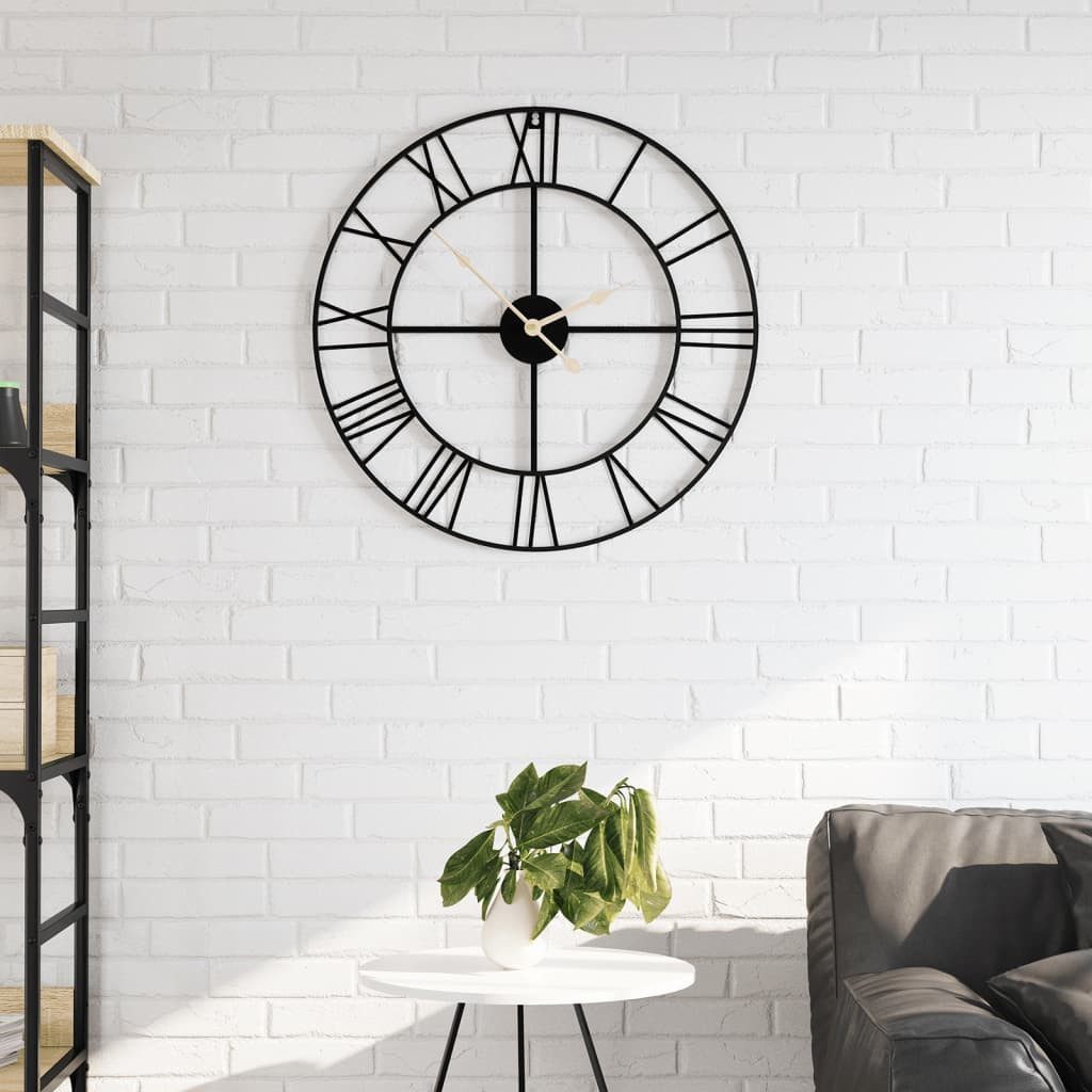 furnicato Uhr Schwarze Wanduhr aus Eisen, 50 x 4 cm (Leises Quarzwerk, Zeitmesser mit Holzmaserung für das Wohnzimmer)