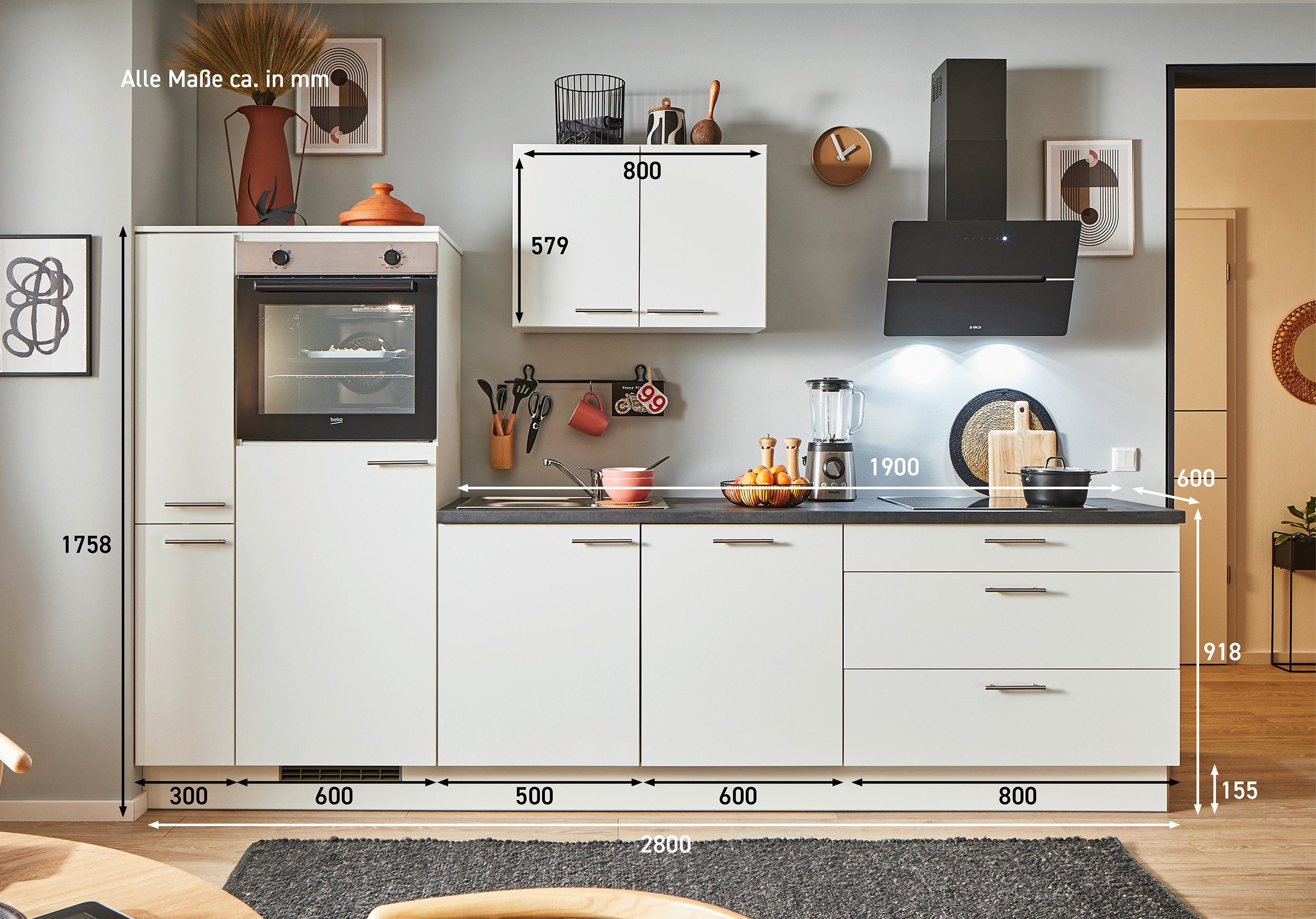 pino Küchenzeile Stockholm, individuell anpassbar, gratis Küchenplanung mit Profis, (Breite 280cm), vormontiert, wahlw. mit E-Geräten, Preis inkl. Lieferung