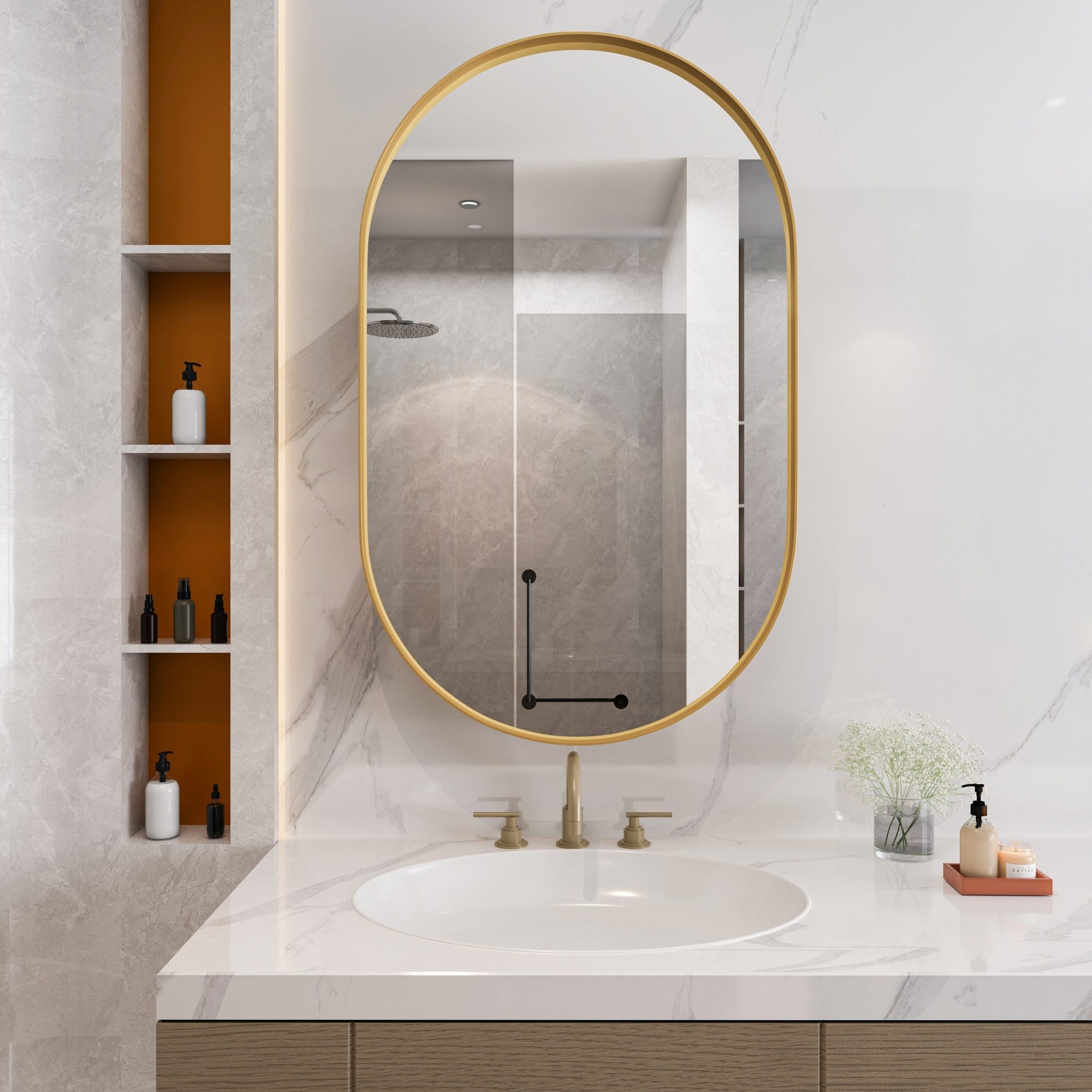 IDEASY Badkommode Ovaler Gold-Spiegelschrank mit verstellbaren Fächern