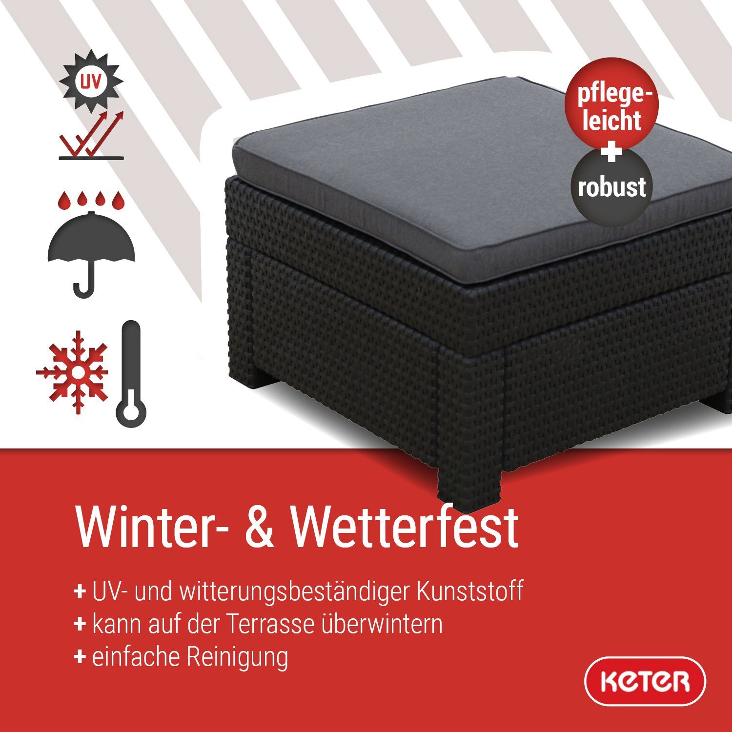 Keter Gartenlounge-Hocker Provence Hocker anthrazit mit Kissen grau, wetterfest, Rattanoptik