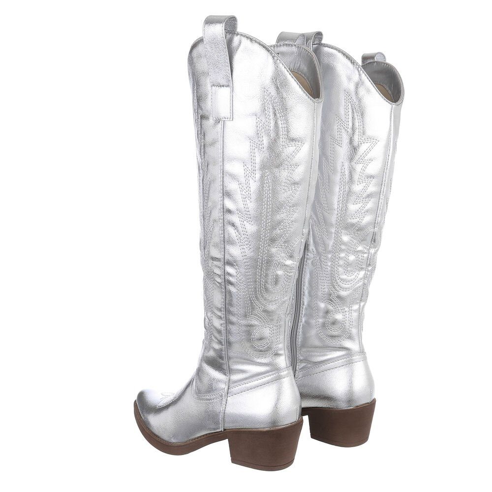 Ital-Design Damen Cowboyboots Western Westernstiefel Blockabsatz Western- & Bikerstiefel in Silber