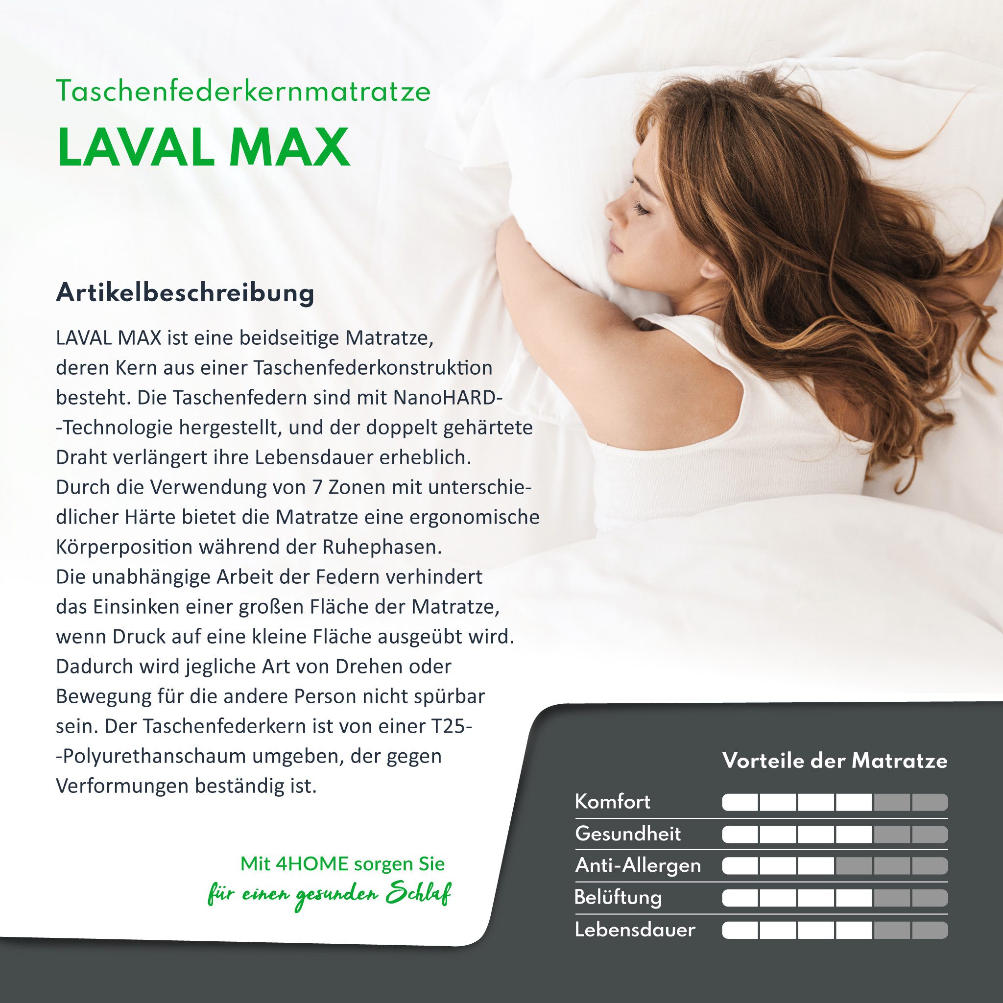 Taschenfederkernmatratze LAVAL MAX Matratze 90x200, 140x200, 180x200 cm & weitere Größen, FDM, 26 cm hoch, (komfortable Matratze, Allergiker geeignet), Wendematratze mit zwei unterschiedlich festen Liegeseiten