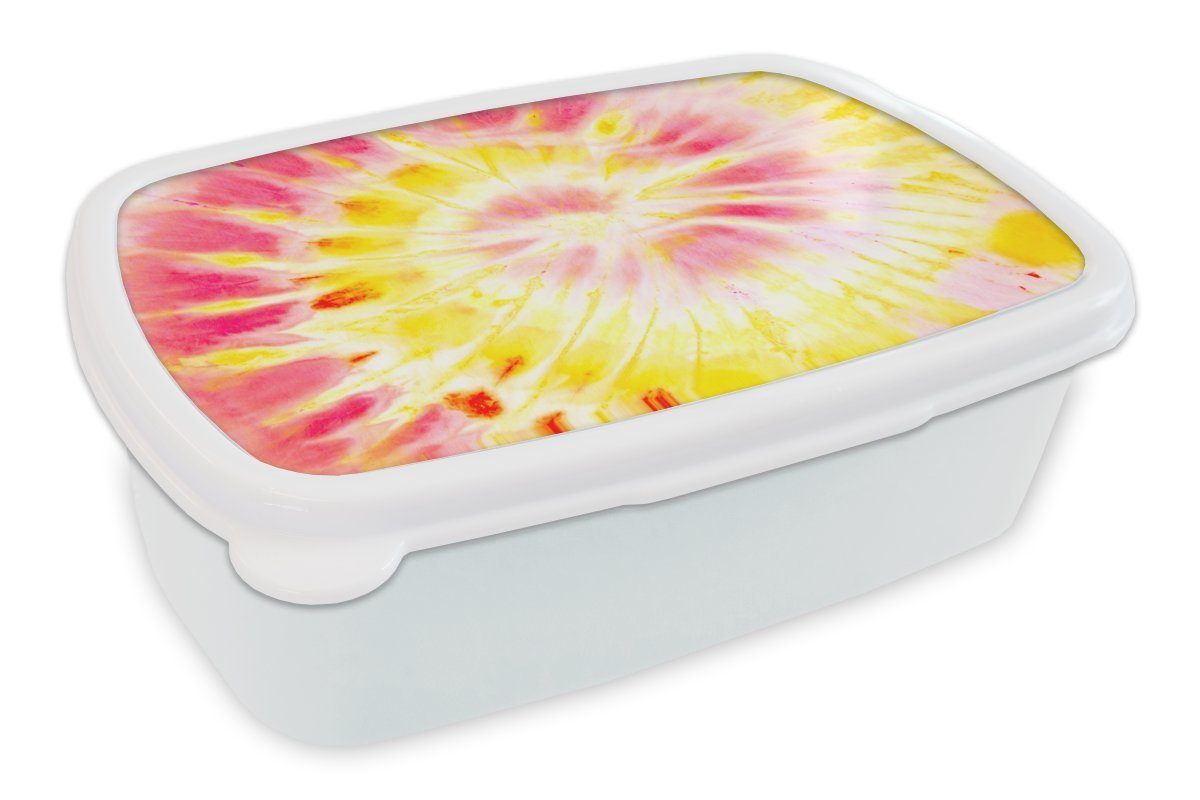 MuchoWow Lunchbox Krawattenfärbung - Lila - Gelb, Kunststoff, (2-tlg), Brotbox für Kinder und Erwachsene, Brotdose, für Jungs und Mädchen weiß