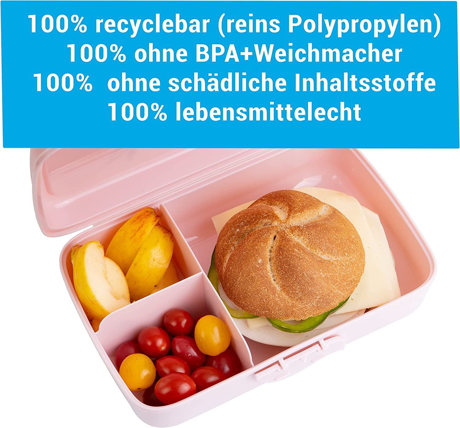 Centi Lunchbox Brotdosen Kinder, Lunchboxen mit 3 Trennfächern und Clickverschluss, Kunststoff, (Set, 3-tlg., in pastel-grün, weiß und rosa), Bento Box Kinder, Brotzeitbox ohne BPA+Weichmacher, Frühstücksbox