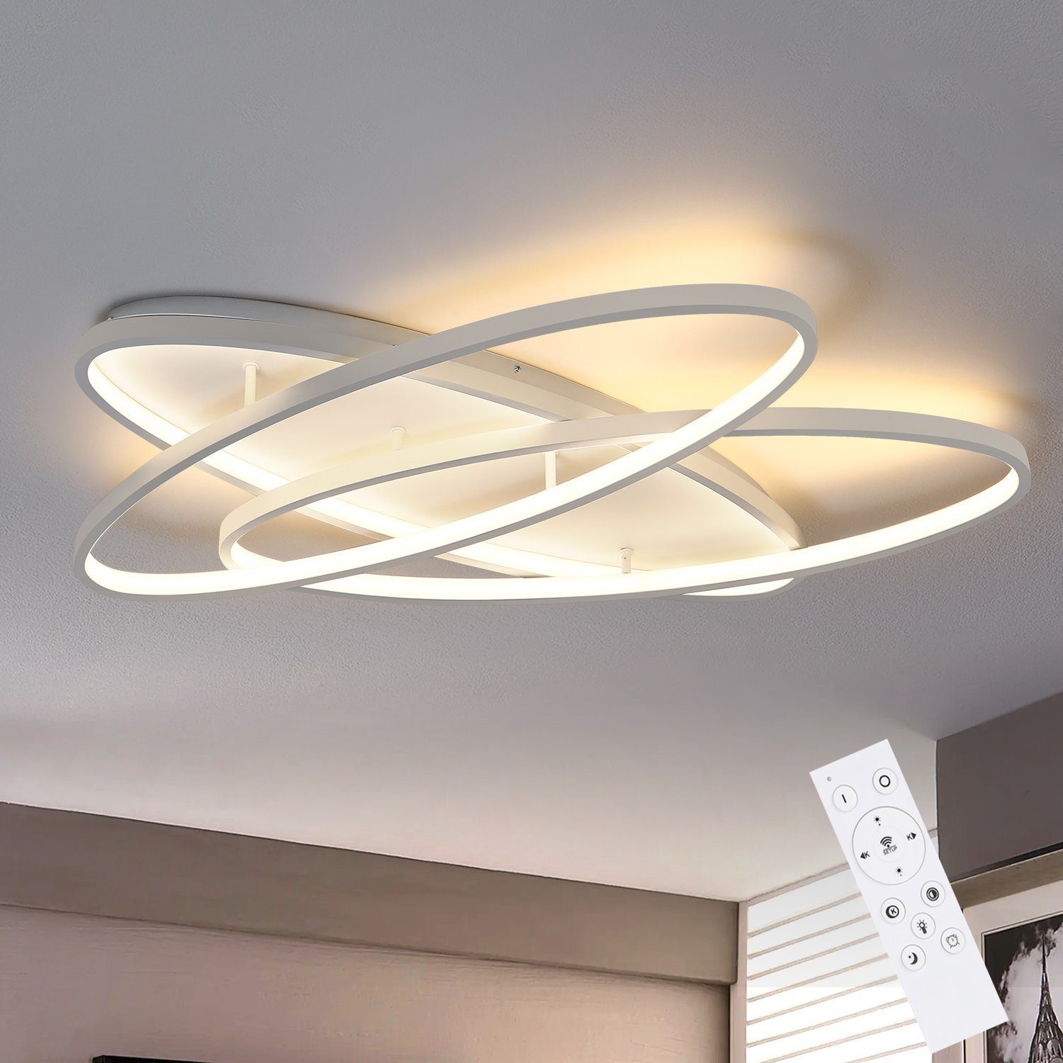 Nettlife LED Deckenleuchte Schlafzimmer Küche Dimmbar fest mit 76W Kaltweiß, Deckenbeleuchtung, für Neutralweiß, Modern Ring Schlafzimmer Fernbedienung, LED 2 Warmweiß, Weiß Wohnzimmer Dimmbar integriert