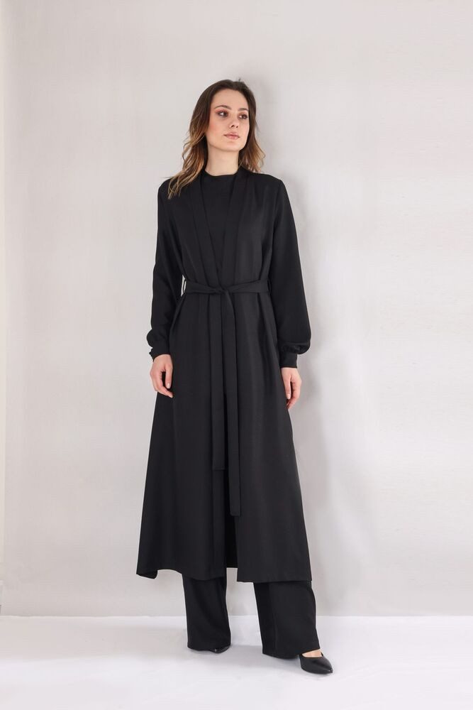 fashionshowcase Blusenkimono Langer Damen Cardigan in Leinenoptik mit Gürtel Langärmlig, Oversize Schnitt