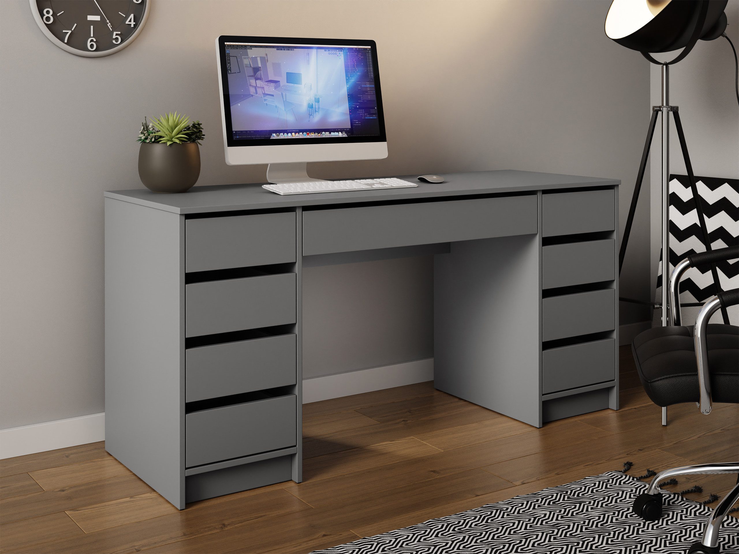 MIRJAN24 Schreibtisch Ada Bis (mit neun Schubladen), 154x55x76 cm, Schwarze Kunststofffüße, Schminktisch