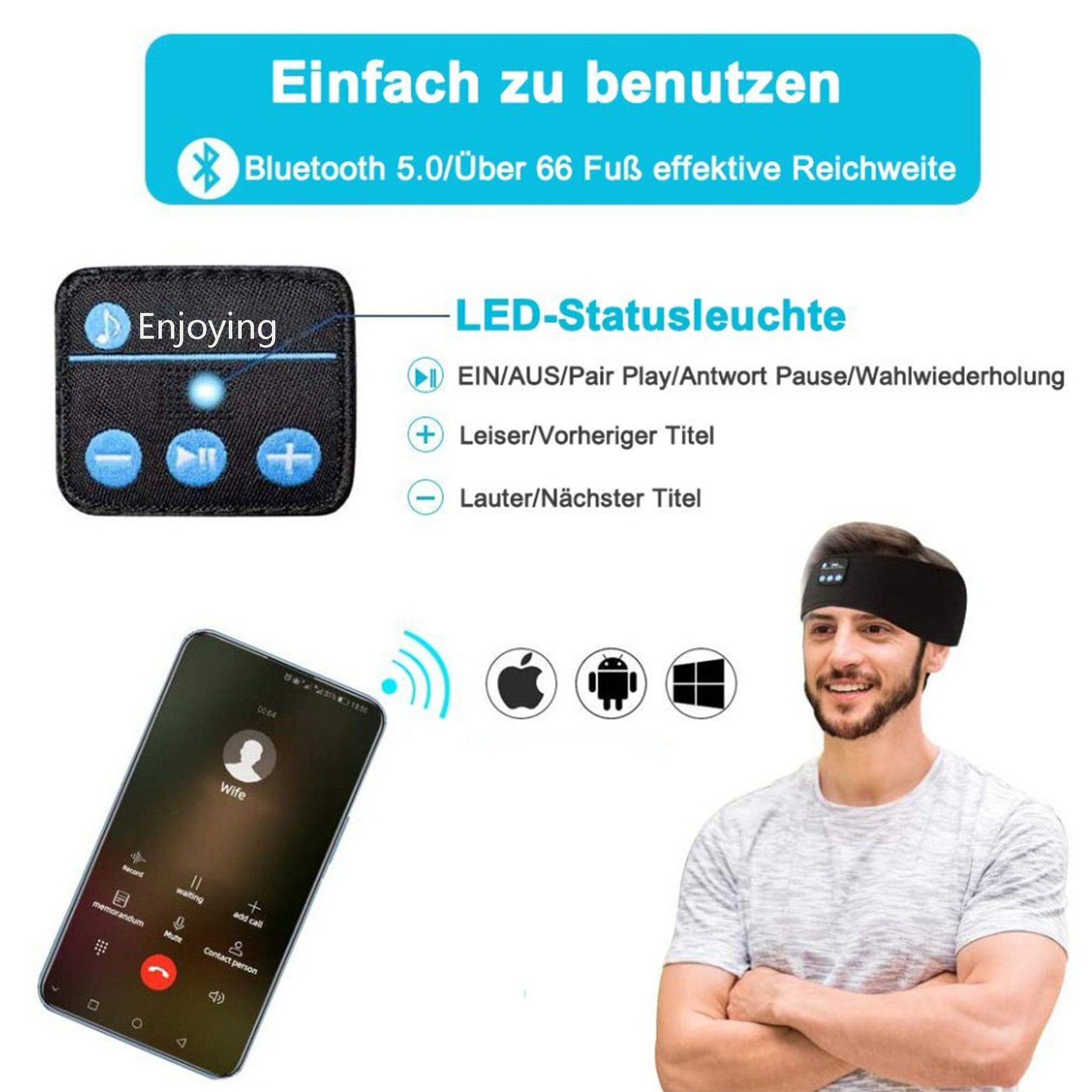 KINSI Stirnband Schlaf Headset,Sport-Stirnband,All-in-One-Augenmaske Bluetooth-Kopfhörer (Sport Stirnband-Kopfhörerabnghmbar und waschbar)