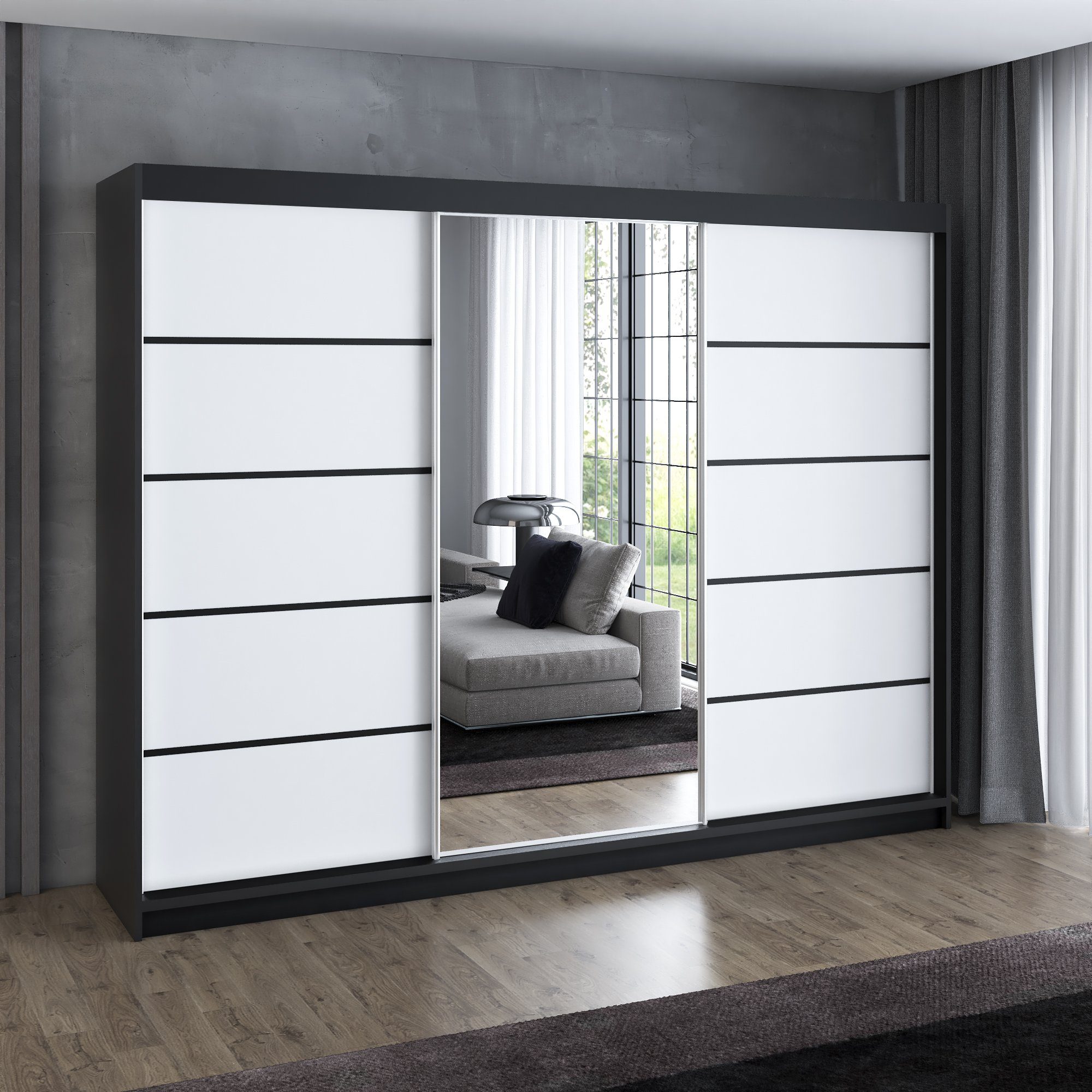 A&J MöbelLand GmbH Schiebetürenschrank VILUNO 3 mit 4 Schubladen und Spiegel (TOP ANGEBOT! Geräumiger Schrank mit einer Breite von 200 cm und Spiegel, ideal zur Aufbewahrung von Kleidung und Accessoires. 4 Schubladen und viel Stauraum. TOP PRODUKT! Wählen Sie das ideale Modell für Ihr Schlafzimmer!, Inclusive 4 Schubladen) Breite: 200 cm, Höhe: 215 cm, Tiefe: 59,5 cm