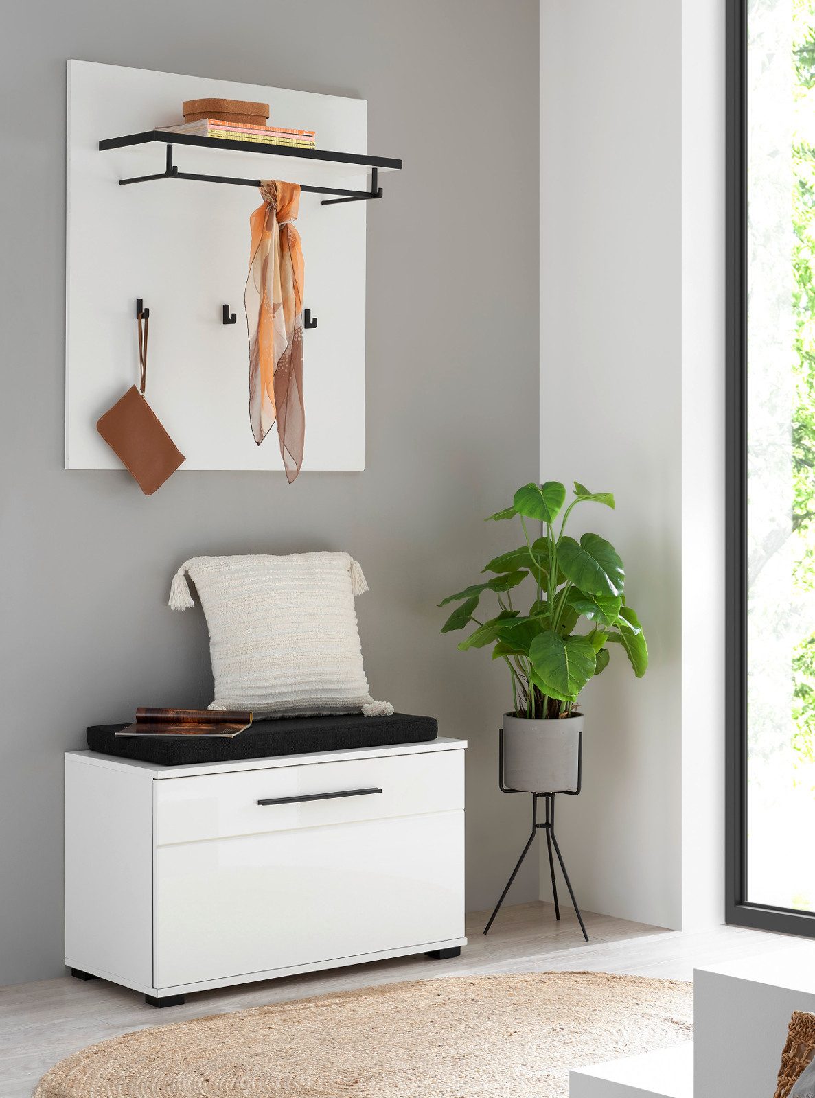 Furn.Design Garderoben-Set Design-D, (Flurgarderobe in Weiß Hochglanz, Set Bank und Paneel, 80 x 200 cm), mit Soft-Close