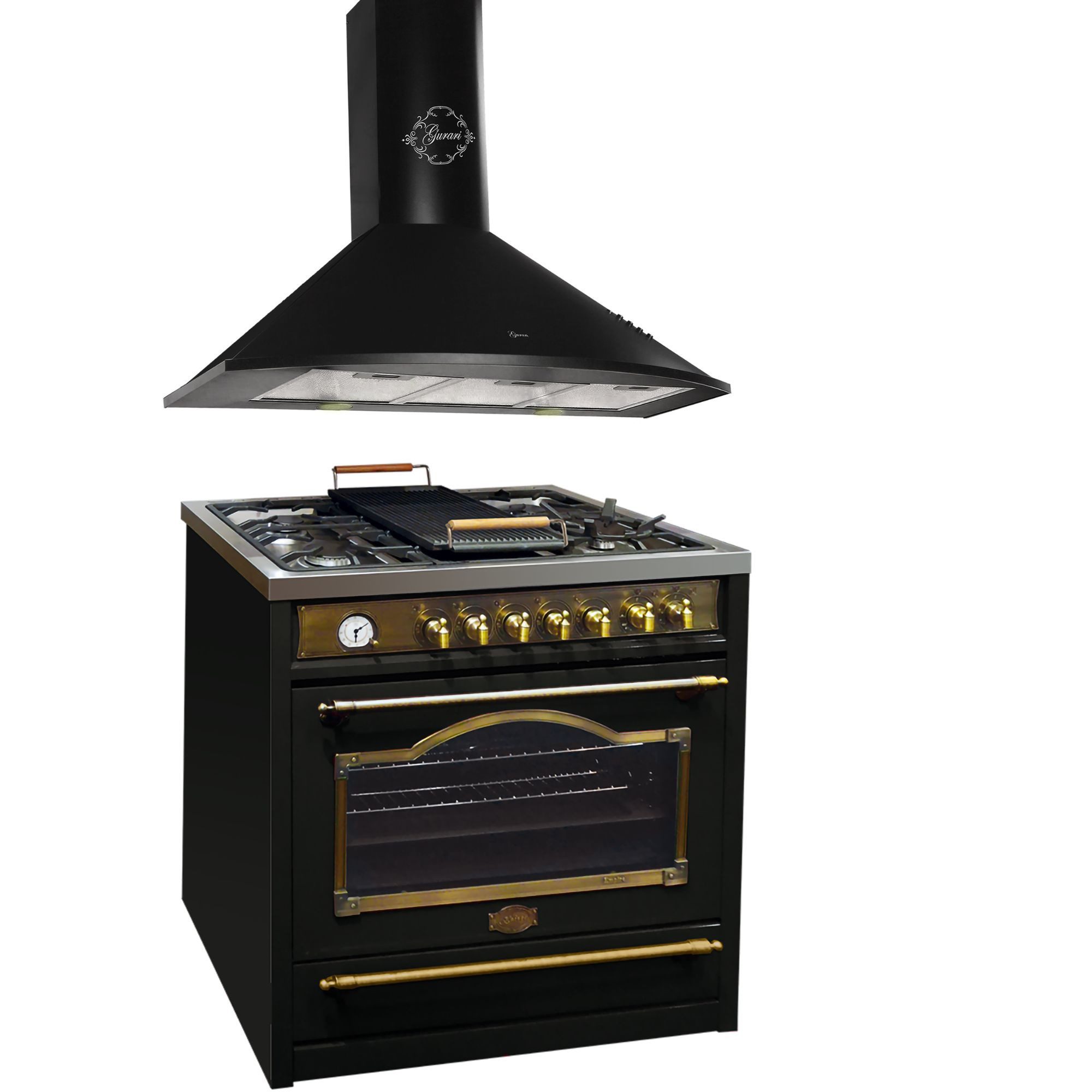 Kaiser Küchengeräte Gas-Standherd Retro Gas Elektro Standherd 90 cm Range Coocker+Dunstabzugshaube 90 cm in Schwarz HGE 93555 Em+GCH 046 Bl 9, mit 1-fach-Teleskopauszug