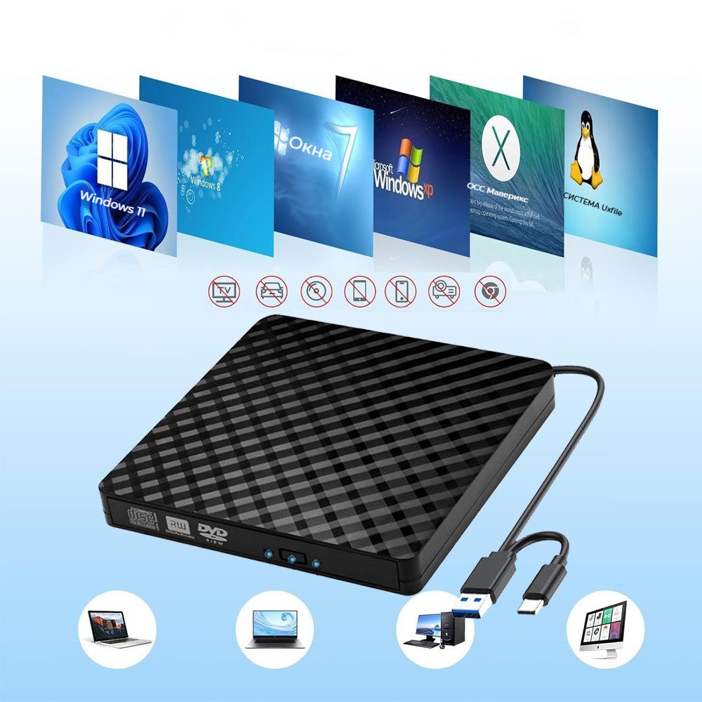 PRIISF External CD DVD +/-RW ROM Optical Drive Rewriter Writer USB 3.0,Type-C DVD-Brenner (Slim CD/DVD ROM Portable Laufwerk Brenner, DVD 8x/CD 24x, Für alle Notebook Desktop PC Laptop-Mac OS,Windows11)