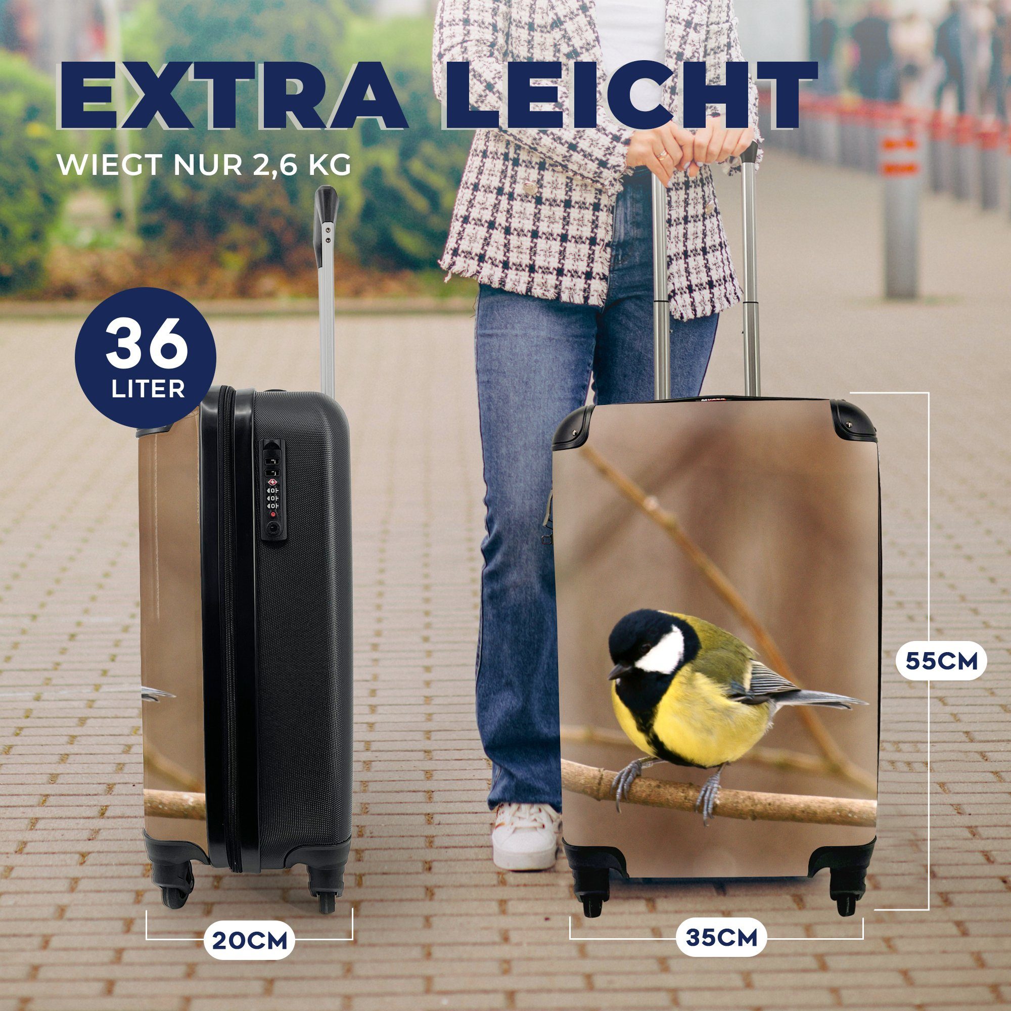 MuchoWow Handgepäckkoffer Kohlmeise auf einem 4 Trolley, Rollen, Ast sitzend, Reisetasche Reisekoffer mit Handgepäck Ferien, für rollen