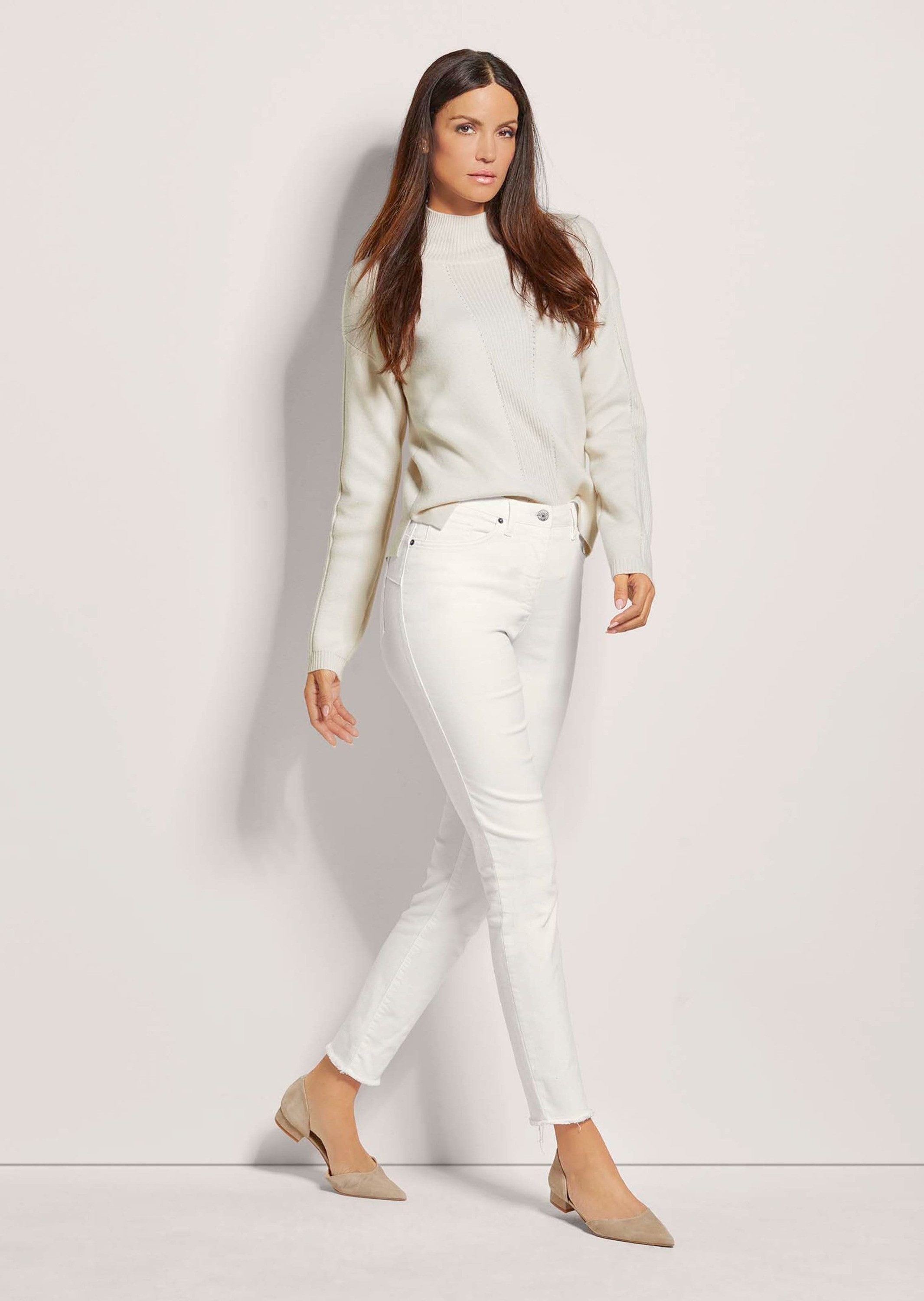 MADELEINE Gerade Jeans Mid Waist Skinny-Hose mit Fransen Fransenhose in schmale Silhouette, Five-Pocket-Stil