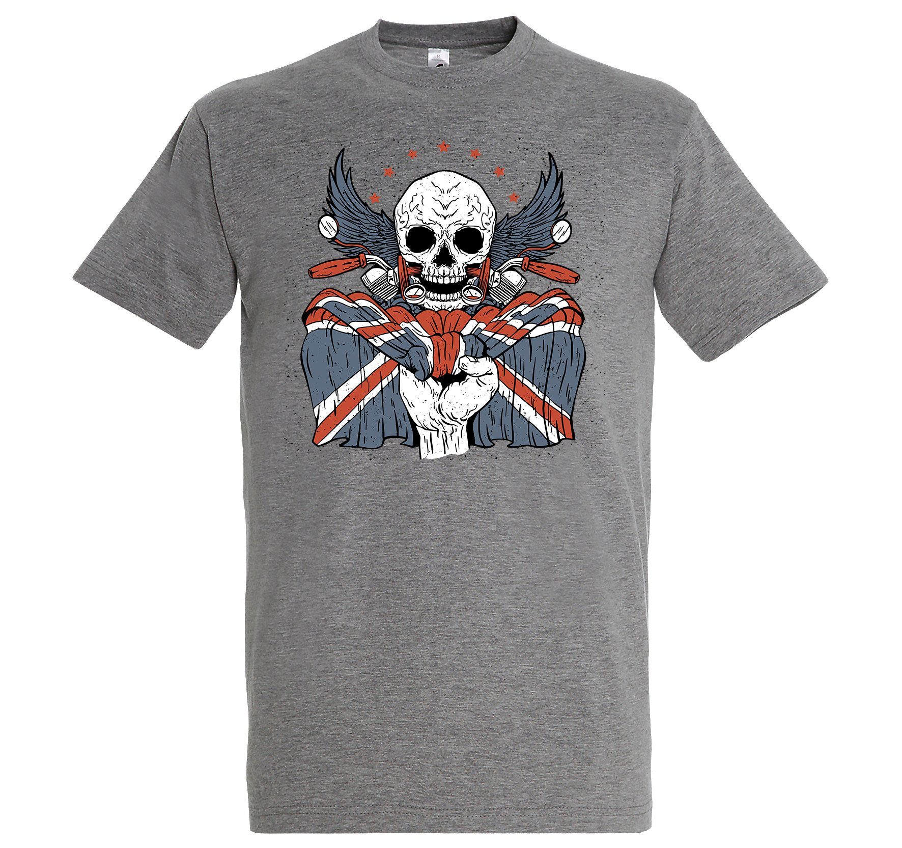 Youth Designz Print-Shirt UK Biker Skull Herren T-Shirt mit lustigem Logo Aufdruck Grau
