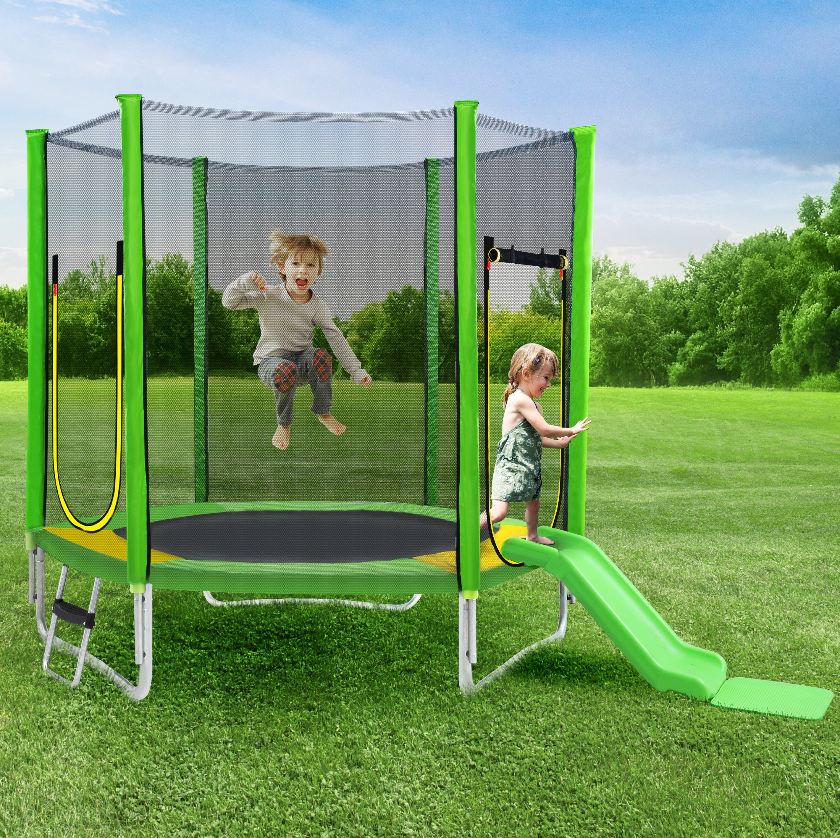 Flieks Gartentrampolin, Ø 213,00 cm, 7 FT Trampolin mit Rutsche tragend 100kg