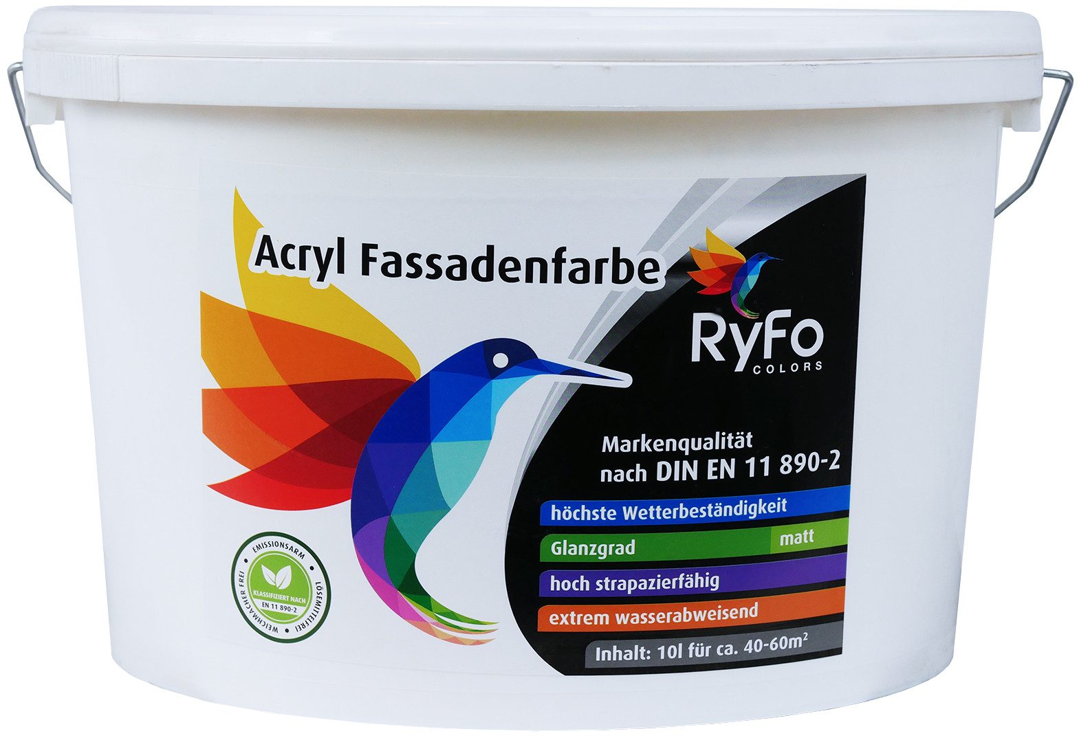 RyFo Colors Fassadenfarbe Acryl Fassadenfarbe weiß 10l, 1 L ca. 6 m², wetterbeständig, schlagregendicht, diffusionsfähig, spannungsarm