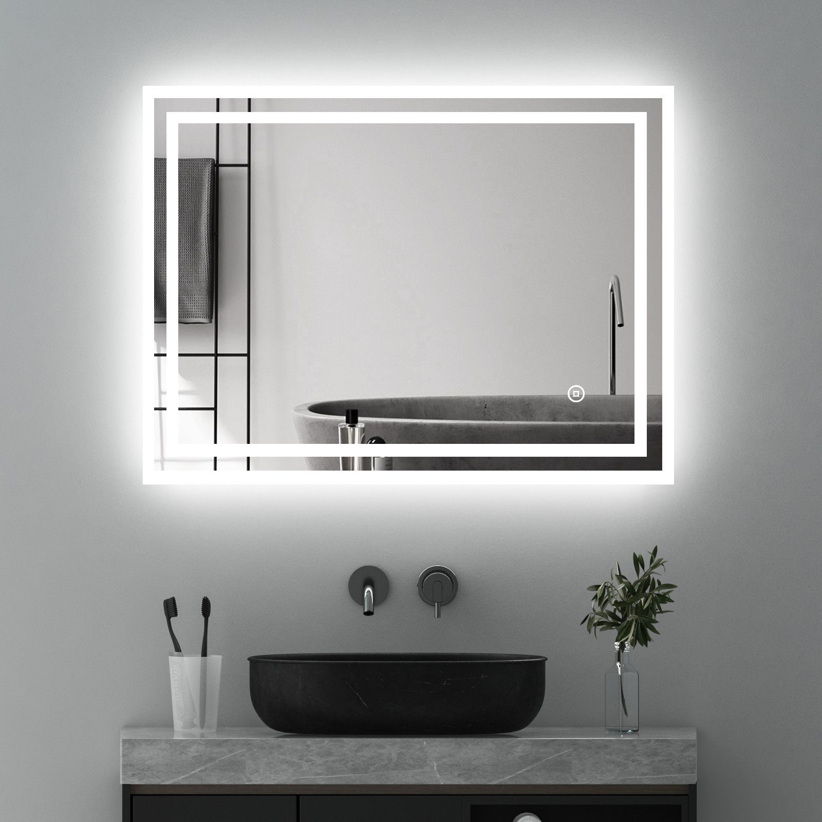 WDWRITTI Badspiegel Badezimmerspiegel mit Beleuchtung Wandspiegel Led Touch Wandschalter (Spiegel Bad, 3Lichtfarben, Helligkeit dimmbar, Memory), 3000K/4000K/6500K, IP44