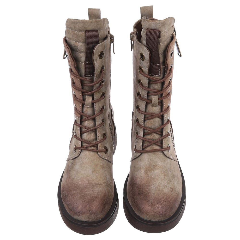 Ital-Design Modischer Damen-Boot mit Reißverschluss und Schnürung Schnürstiefelette (90515102) Blockabsatz Schnürstiefeletten in Beige