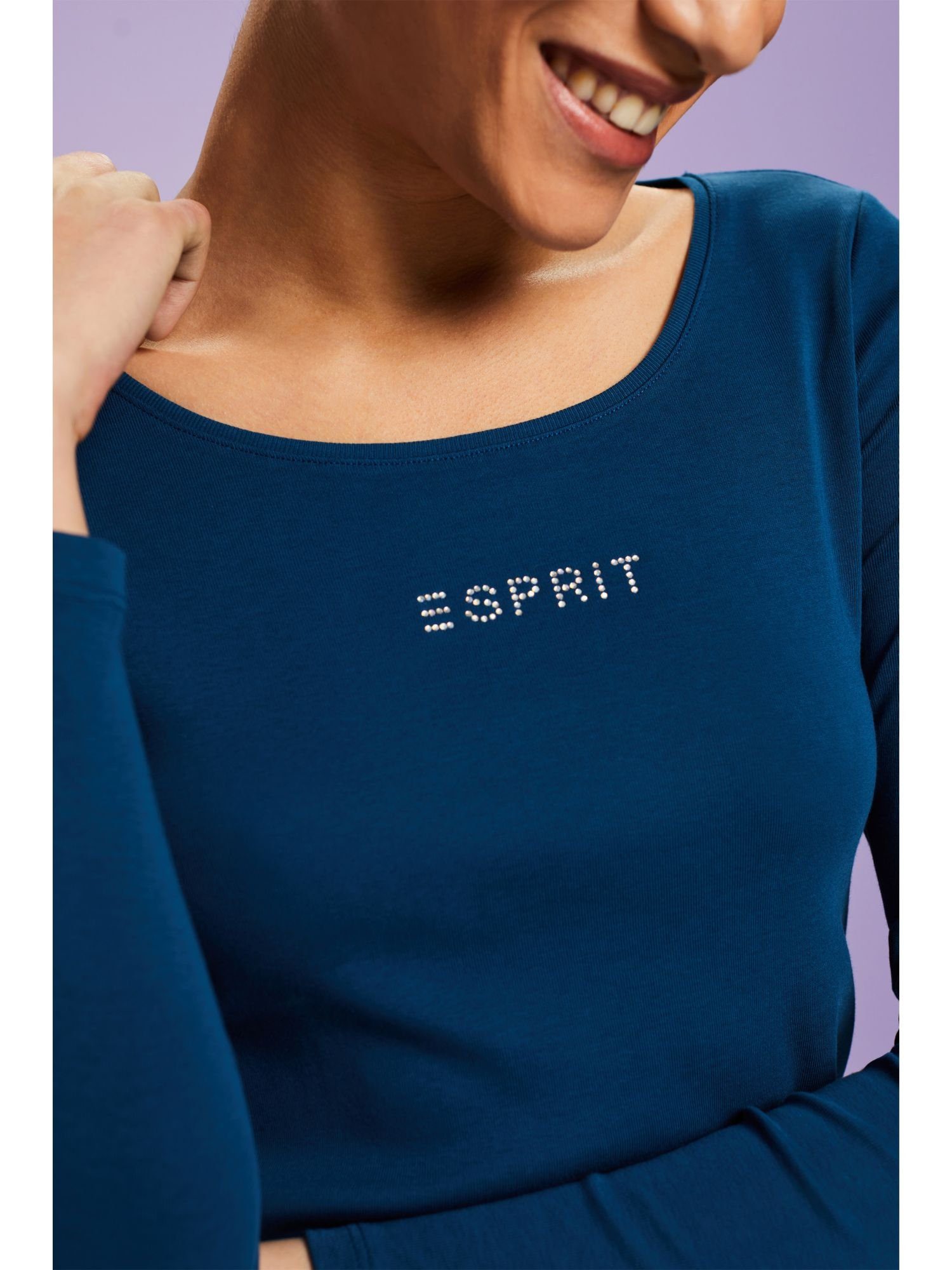 Esprit Langarmshirt Longsleeve aus (1-tlg) Logo Bio-Baumwolle PETROL mit BLUE