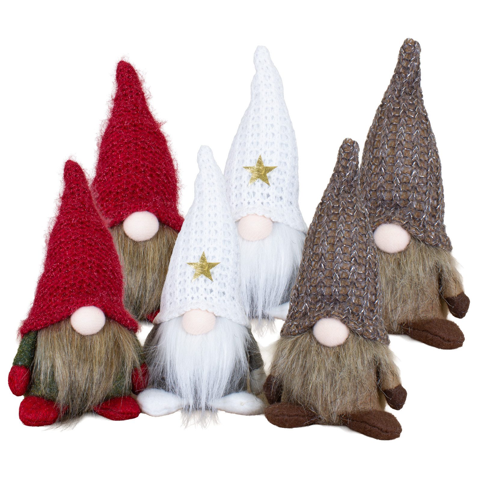 Christmas Paradise Wichtel Gnom sitzend 16cm (Dekofigur, 6 St., Weihnachtsdeko), 6er Set mit 3 Designs in Rot, Weiß und Braun