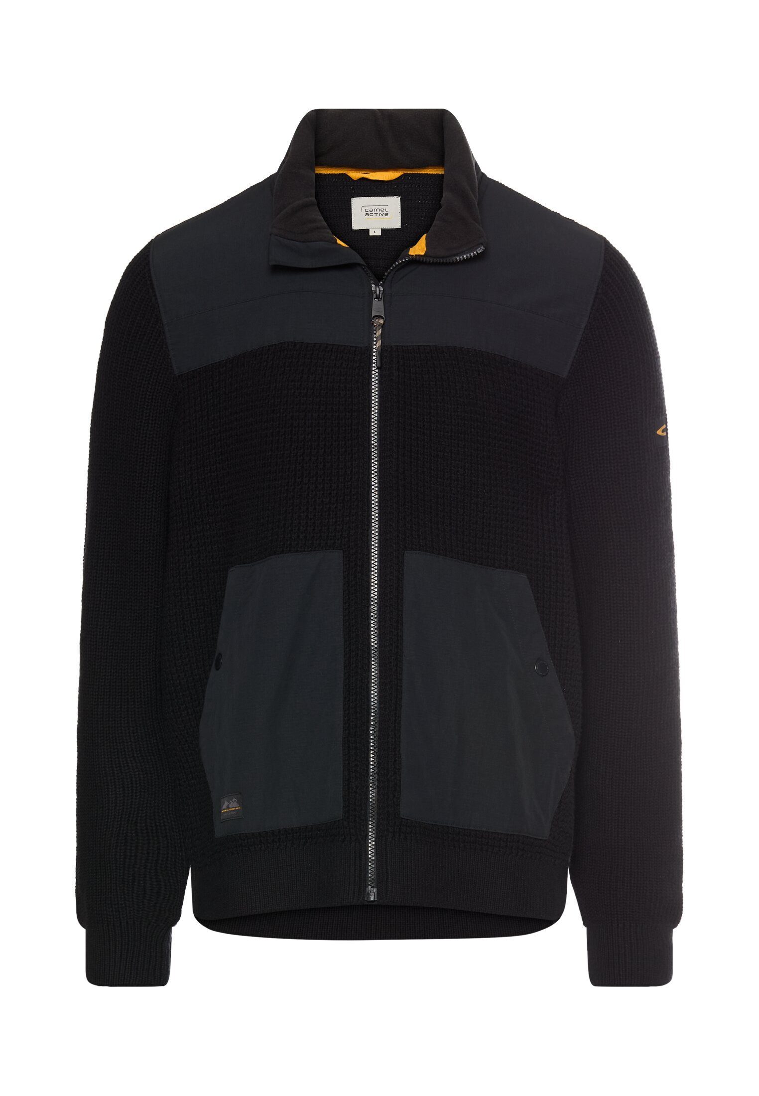 camel active Strickjacke mit einrollbarer Kapuze Langarm Stehkragen
