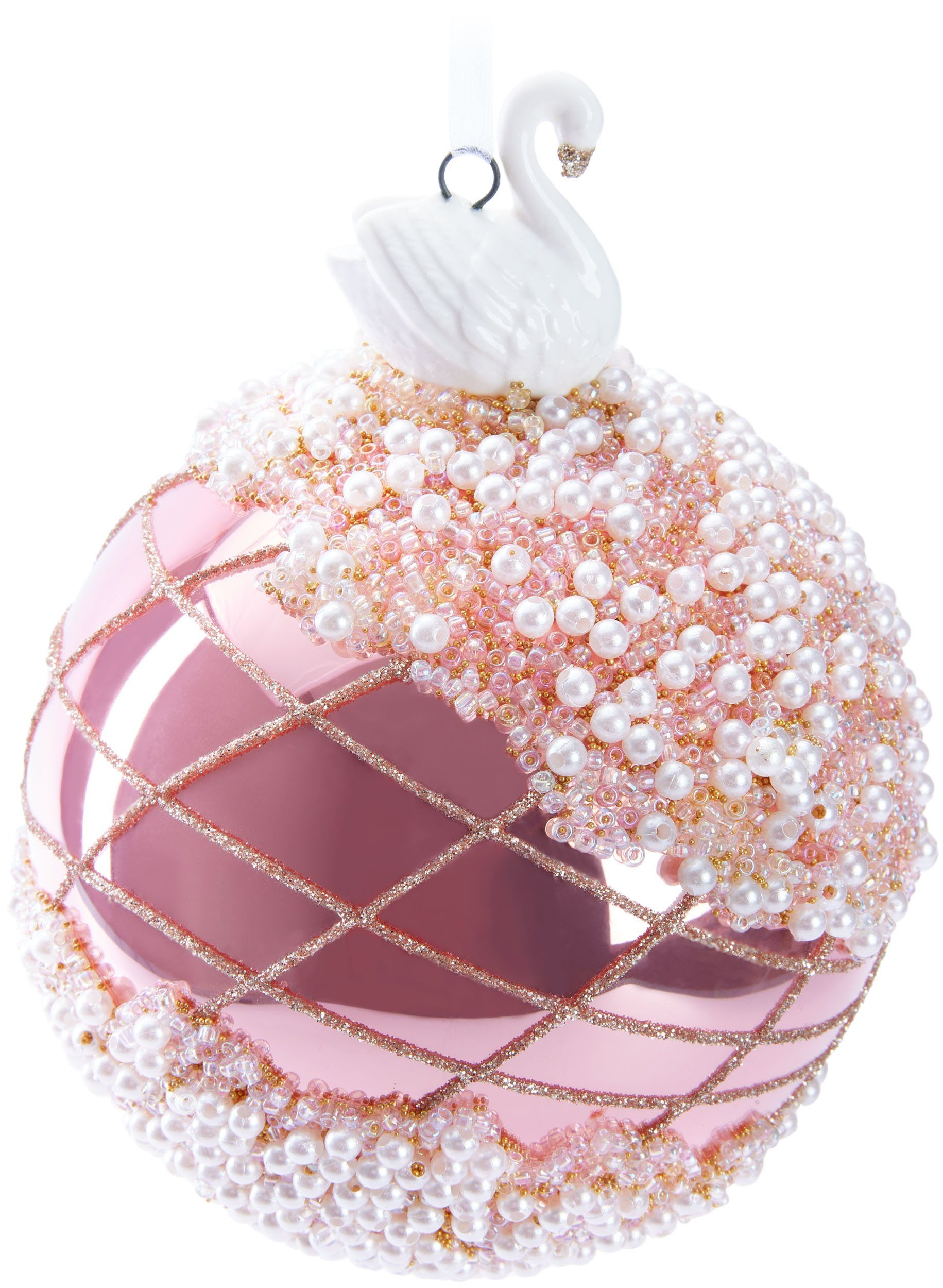 aus Handdekorierte (1 Porzellan Weihnachtskugel St), Premium Perlen BRUBAKER Figur Baumkugel Rosa mit Christbaumschmuck mit 10 - Glitzer Weihnachtsbaumkugel cm Dekorationen Glas und