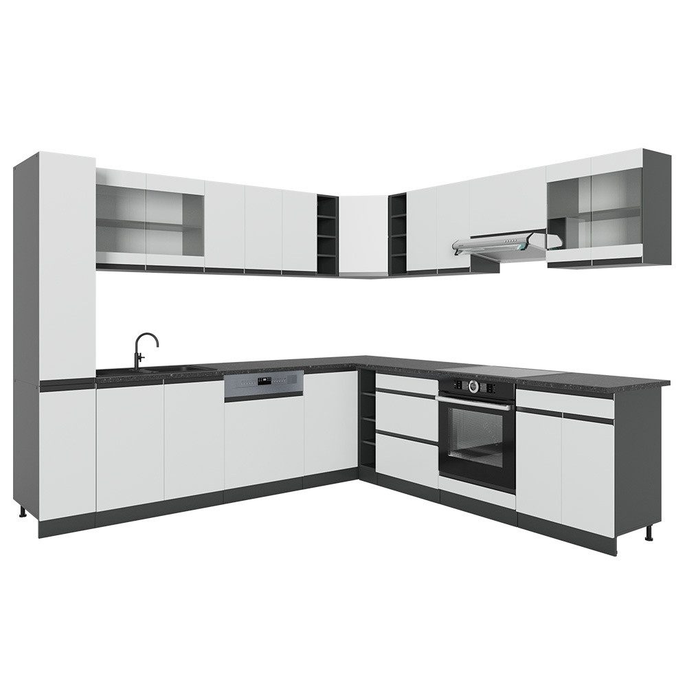 Vicco Winkelküche R-Line, Weiß/Anthrazit, 277 x 257 cm J-Shape, ohne Arbeitsplatte
