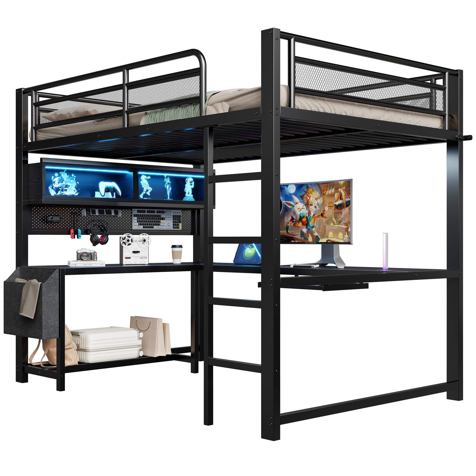 REDOM Hochbett Kinderbett mit Schreibtisch (Tastaturablage, Staufächern, LED-Beleuchtung und Ladestation, Schwarz/Weiß, 1-St., 140x200cm)
