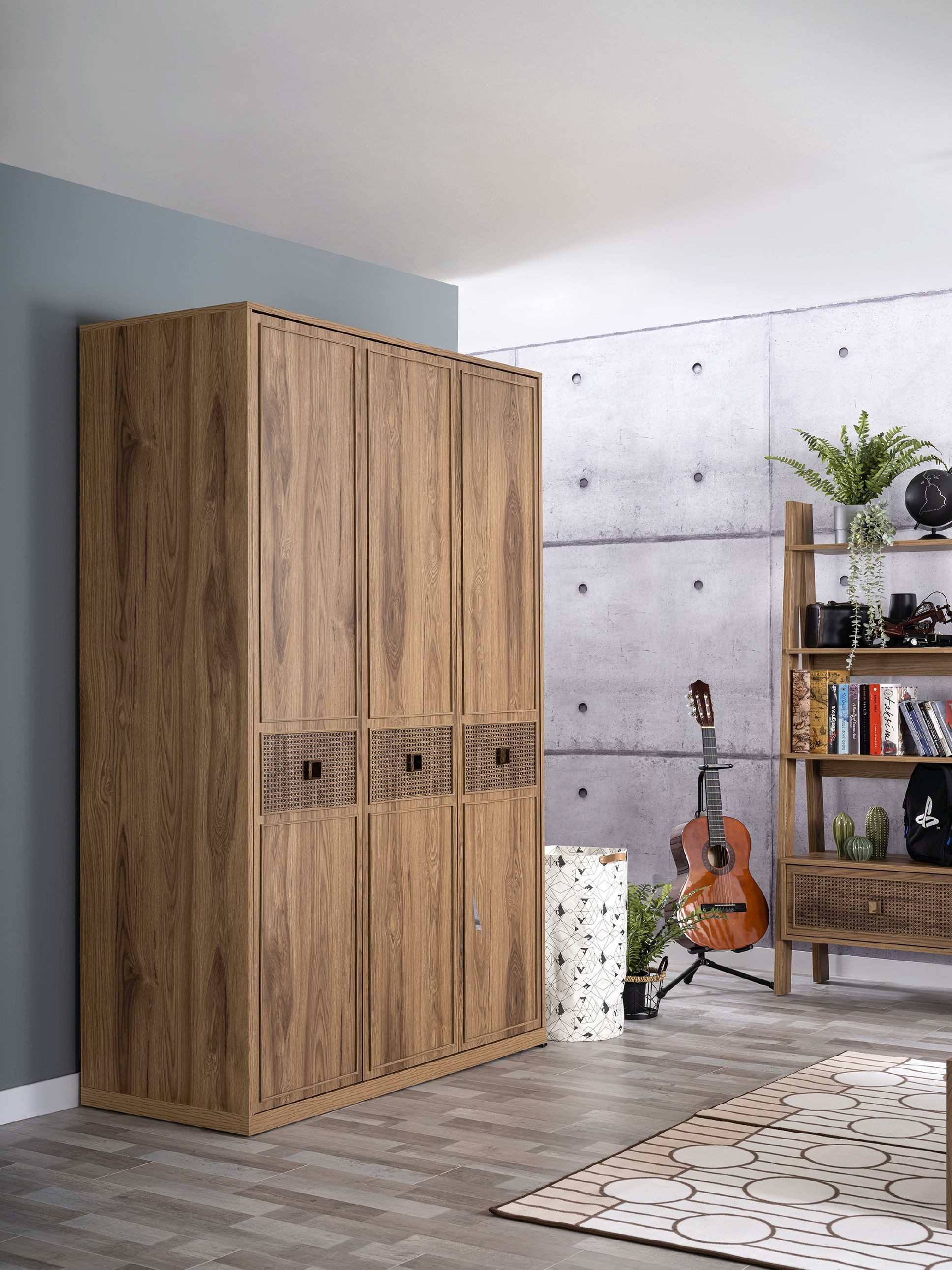 Möbel-Zeit Kleiderschrank TRIO 3-türig – Holz-Optik mit Hazeran-Design – 2x LED-Kleiderstangen