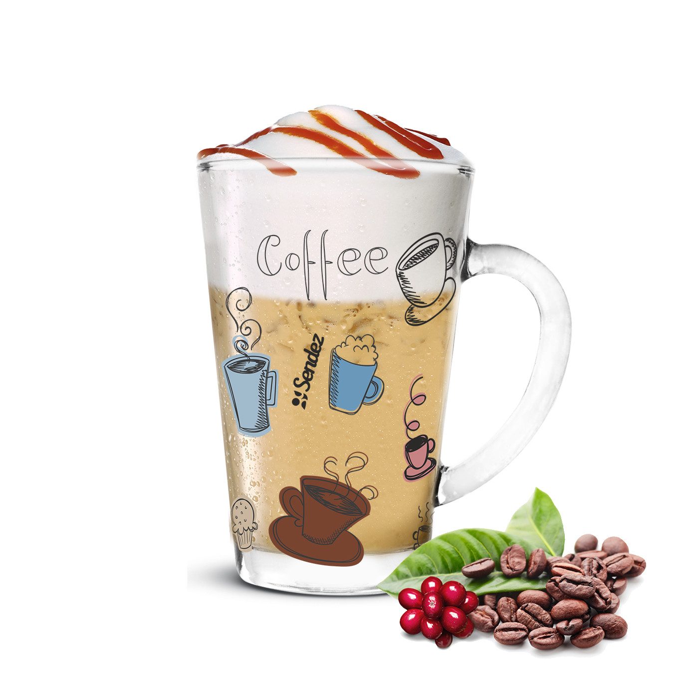 Sendez Latte-Macchiato-Glas 6 Latte Macchiato Gläser 300ml Kaffeegläser mit buntem Kaffee-Aufdruck, 6-tlg., Glas