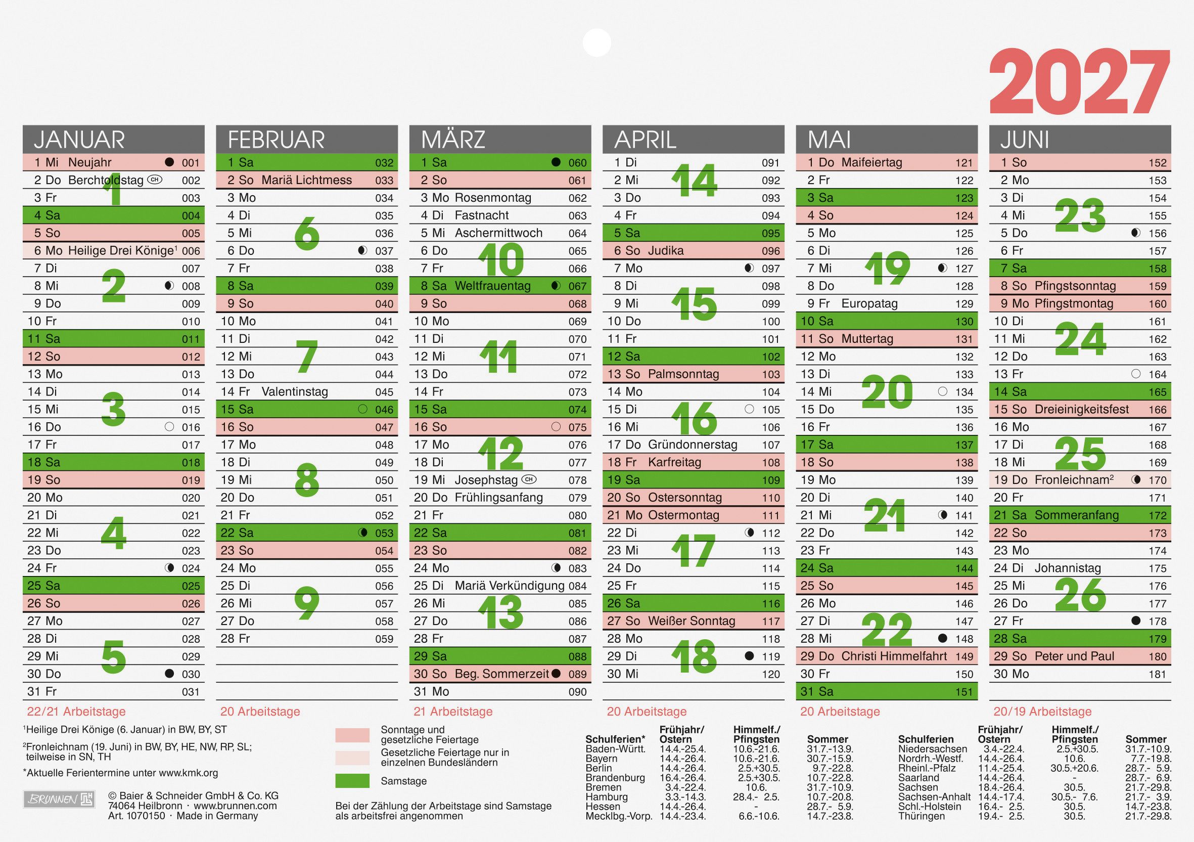 BRUNNEN Schreibtischkalender 2027 BRUNNEN Tafelkalender A5 1S/6Monate