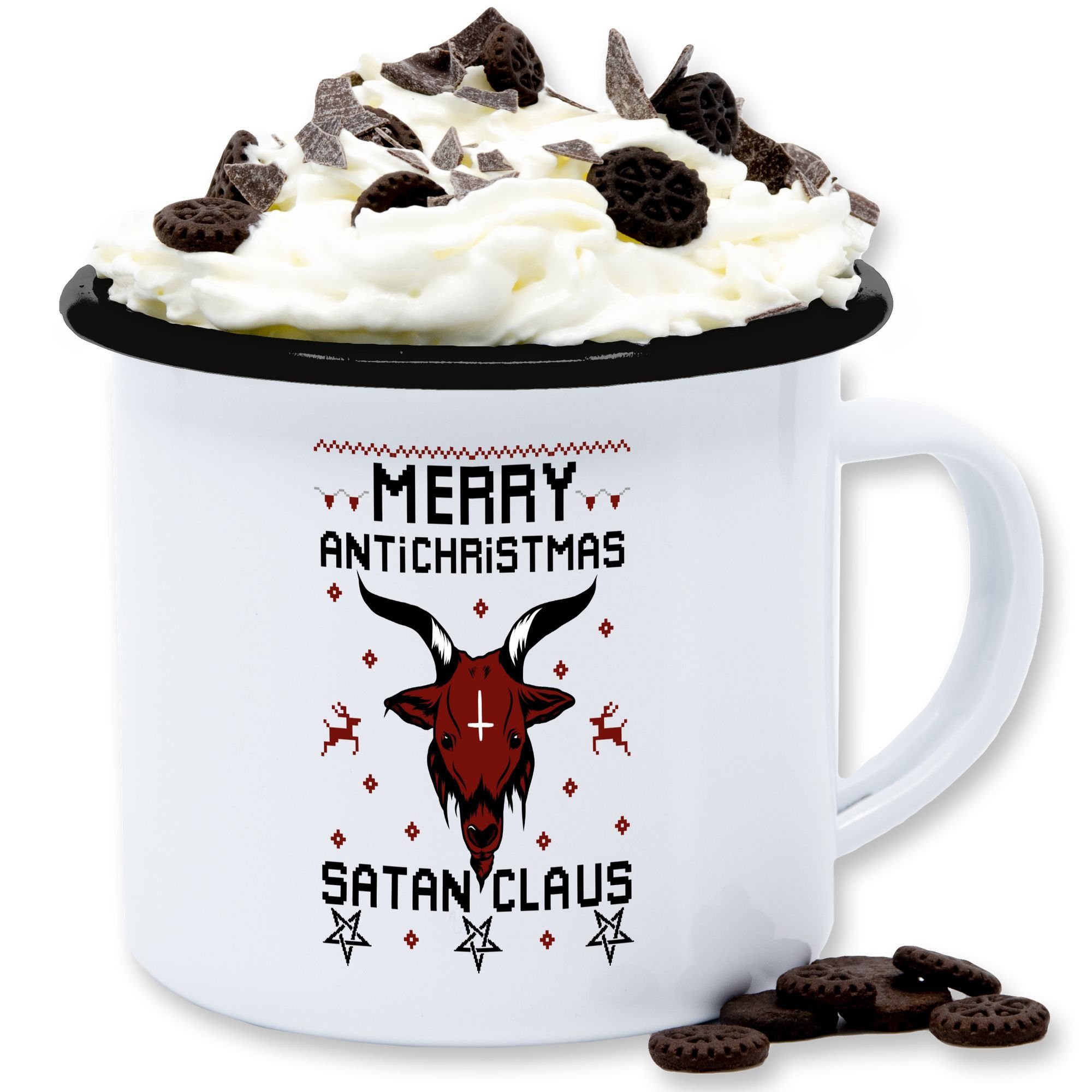 Satan Antichristmas Tasse Schwarz Stahlblech, 2 Merry Claus, Weihnachtstasse Weiß Shirtracer