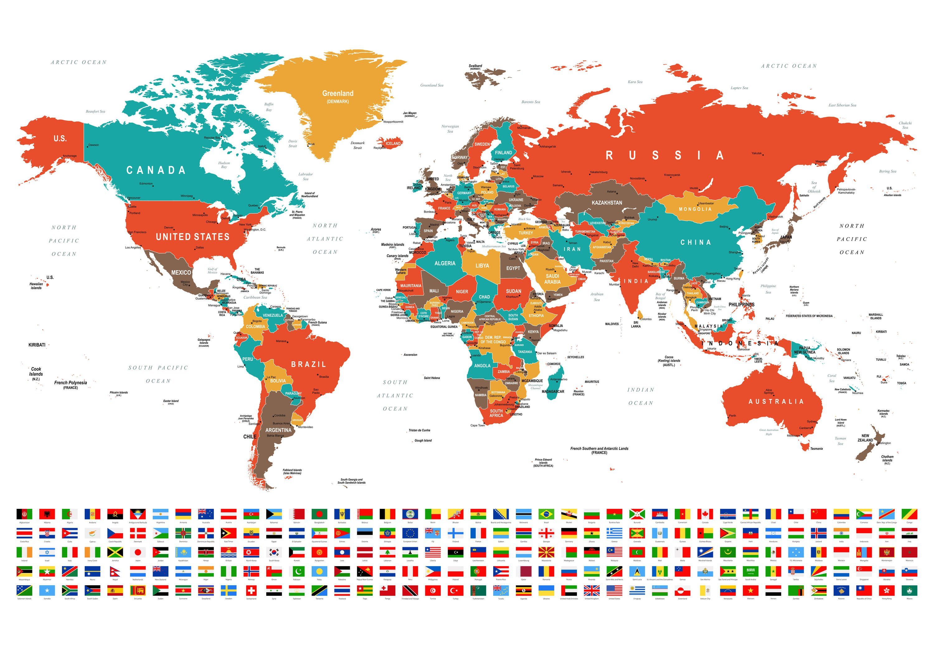 wandmotiv24 Fototapete bunte Weltkarte Flaggen, glatt, Wandtapete, Motivtapete, matt, Vliestapete