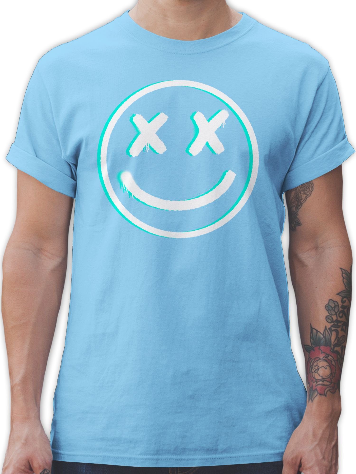 Shirtracer Hellblau Geschenke 03 T-Shirt Glitch Nerd Face Smiley Cooles