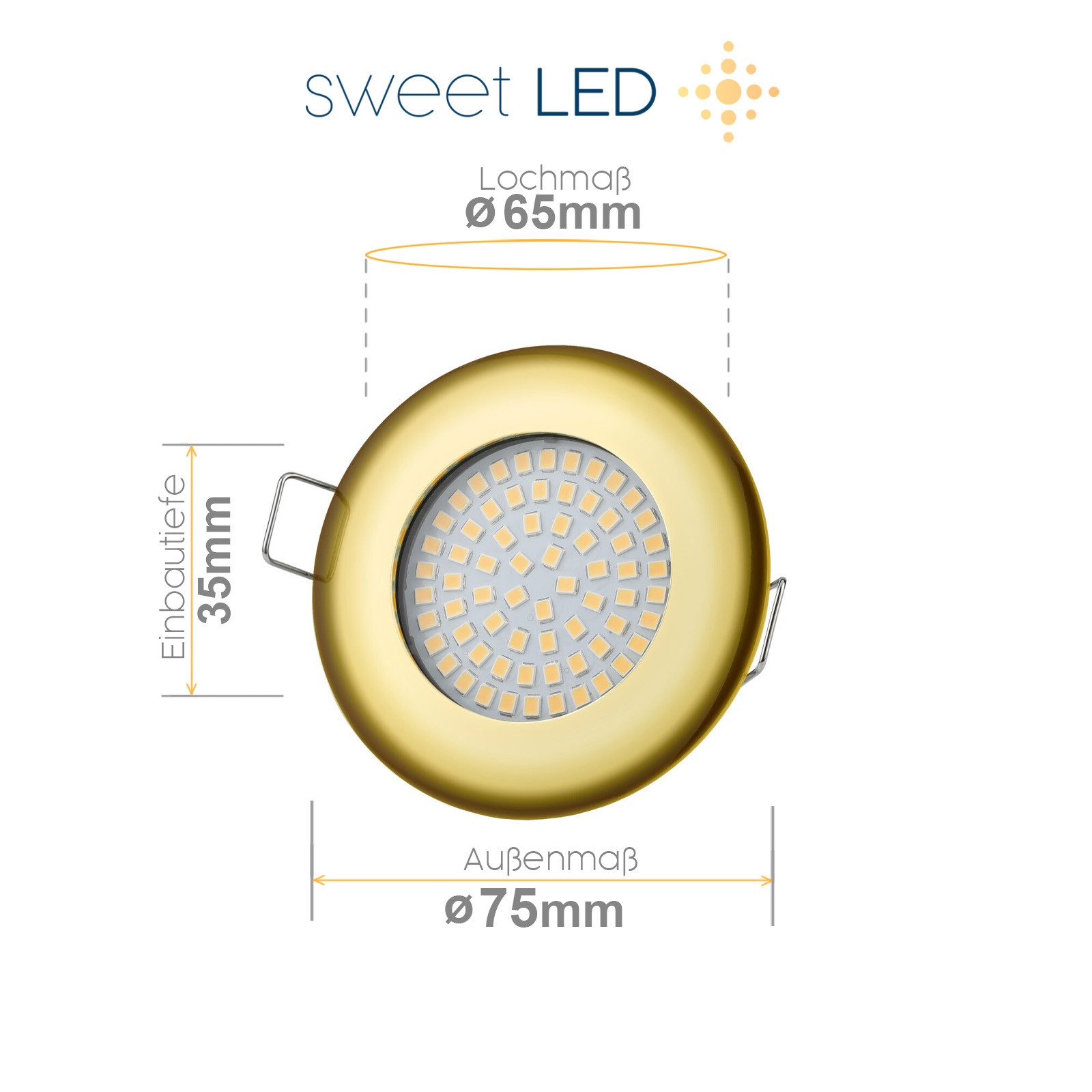 Sweet LED LED Einbaustrahler 230V 5W 3000K Gold Dimmbar Flach Deckenspots Rund Einbauleuchte Ø65, 3000K, Warmweiß, Deckenspots, Ø 75 mm, Einbauleuchte