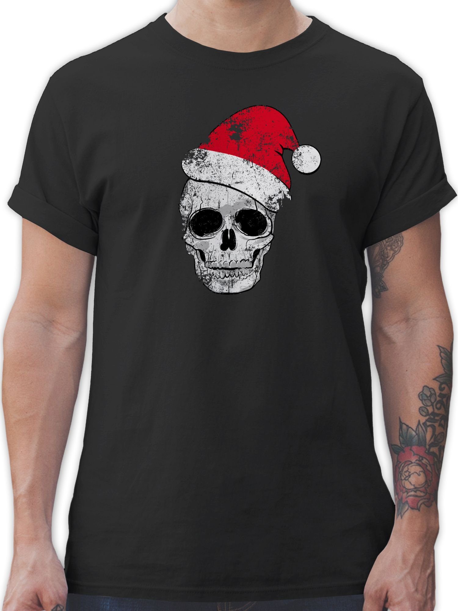 Shirtracer T-Shirt Totenkopf Weihnachtsmütze Vintage Weihachten Kleidung 01 Schwarz