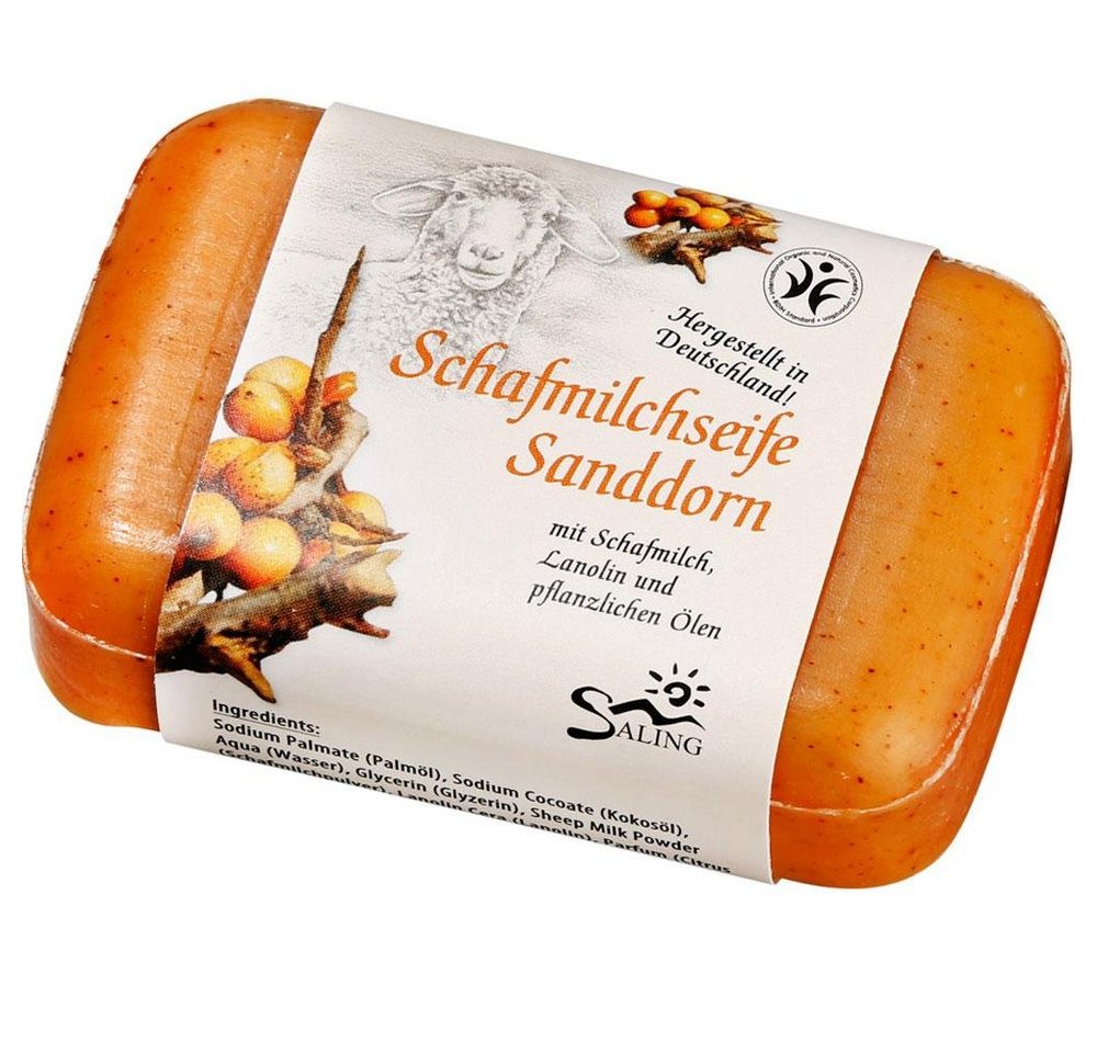 Saling Feste Duschseife Schafmilchseife Sanddorn, 100 g