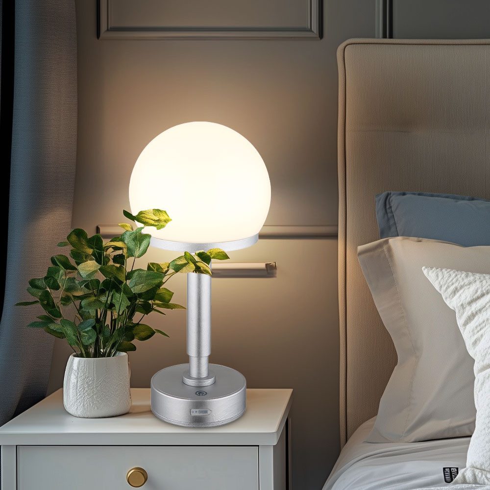 GLOBO LIGHTING LED Tischleuchte, LED-Leuchtmittel fest verbaut, Akku Tischleuchte Touchdimmer silber Nachttischlampe USB-C Pilz