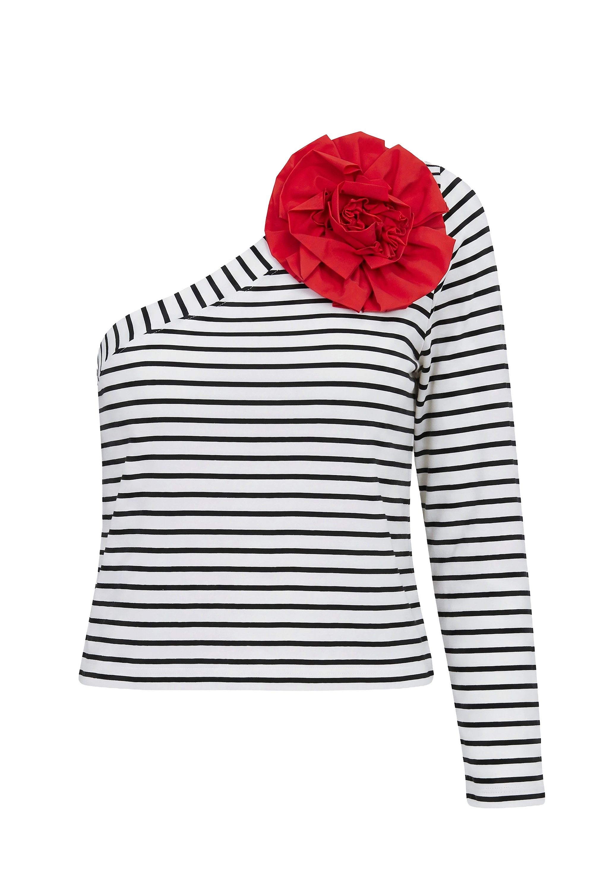 Ulla Popken T-Shirt OneShoulder-Shirt Slim Fit Ringel Blumen-Brosche