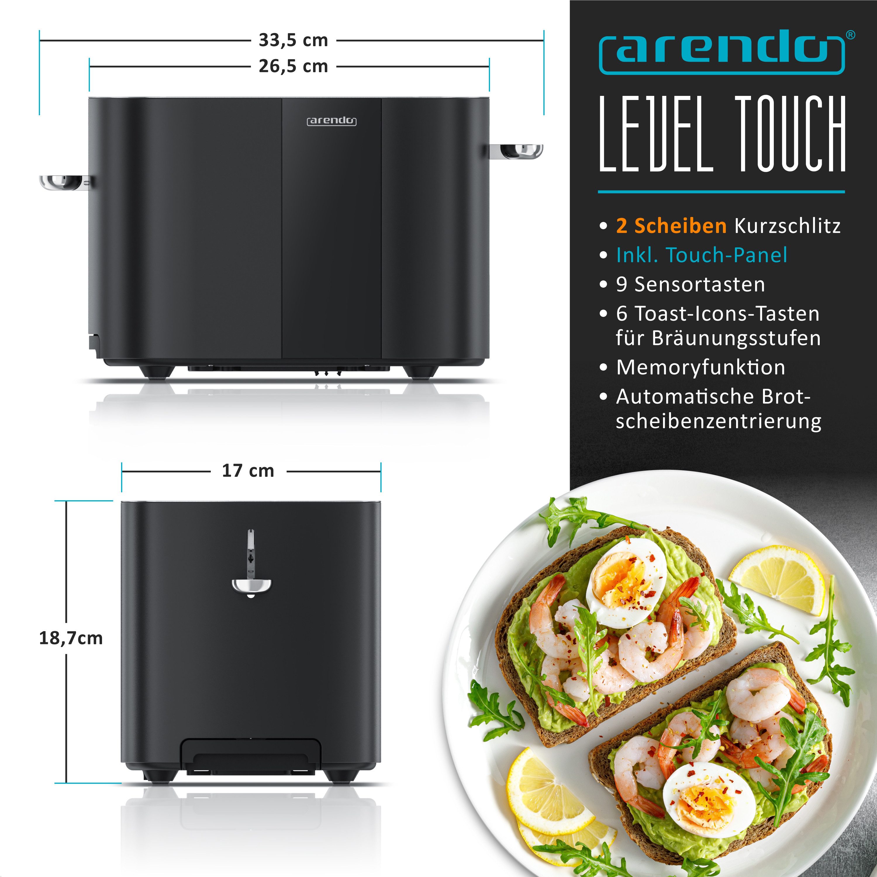 Arendo Toaster 2-Scheiben Kurzschlitz Edelstahl, Touch, Restzeit Bräunungsgradanzeige, 2 Schlitze, für 2 Scheiben, 800 W, Brötchenaufsatz, Wärmeisoliert, Toast- – Bild 2 von 5