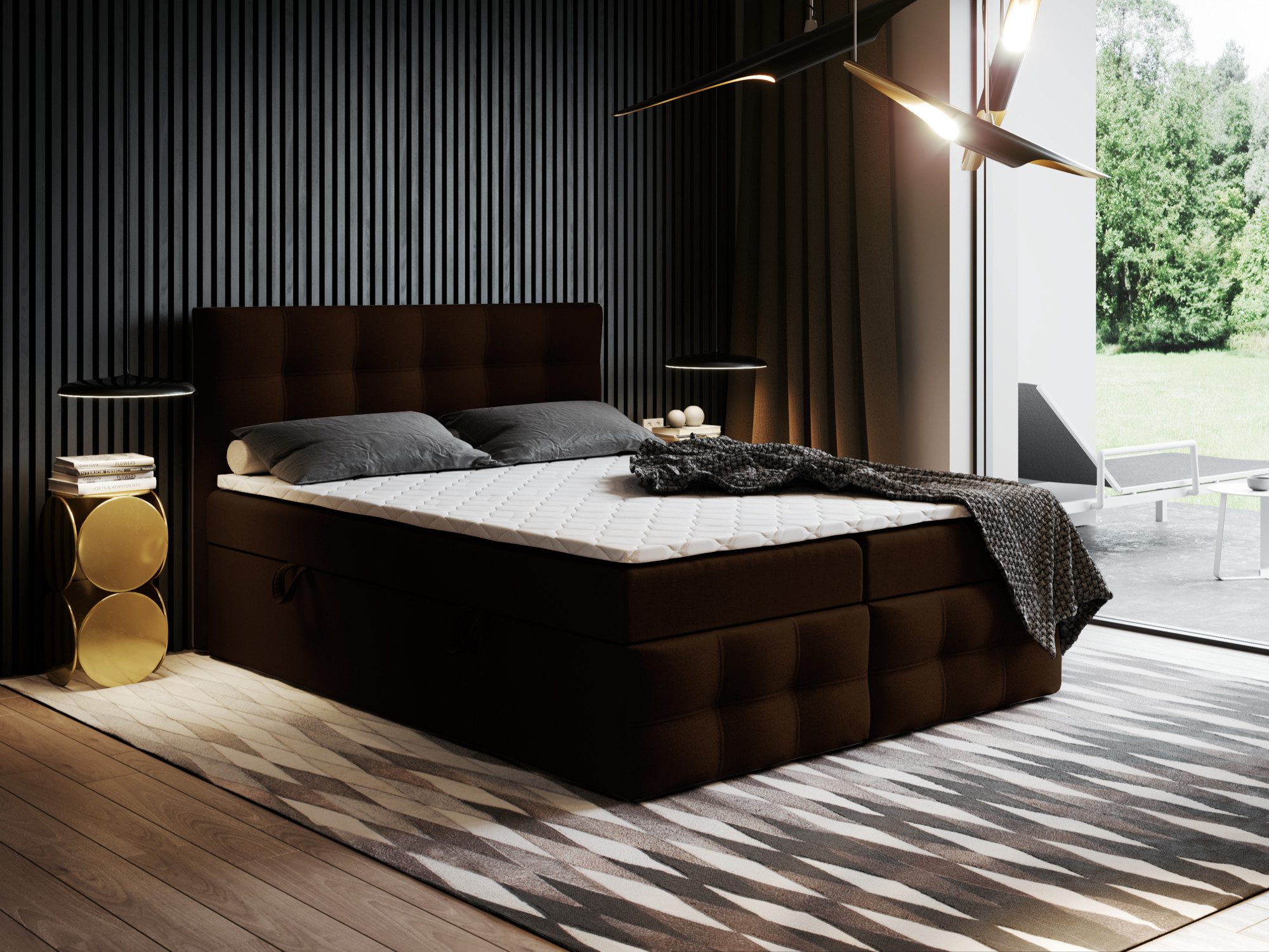 Godre Boxspringbett mit Bettkasten Ewora 3 140x200 cm - Bonellfederkern Matratze (Bett + Matratze + Topper), Bett mit zwei seitlich zu öffnenden Kästen