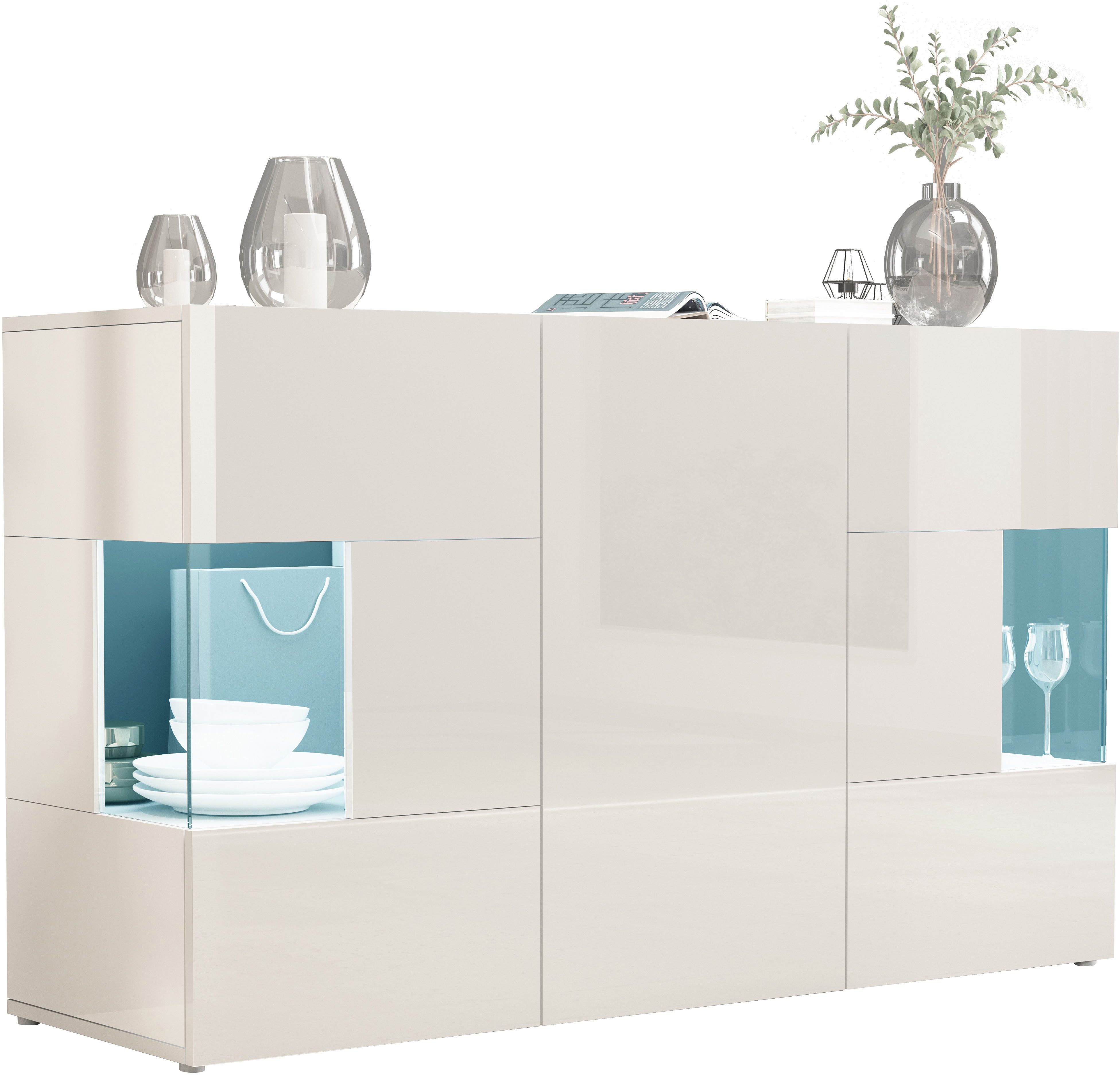 OTTO home Sideboard Egypt, Kommode, Schrank, Kredenz, Vitrine grifflos, 3 Türen davon 2 mit Glaseinsatz, kompl. Hochglanz lackiert Breite 135