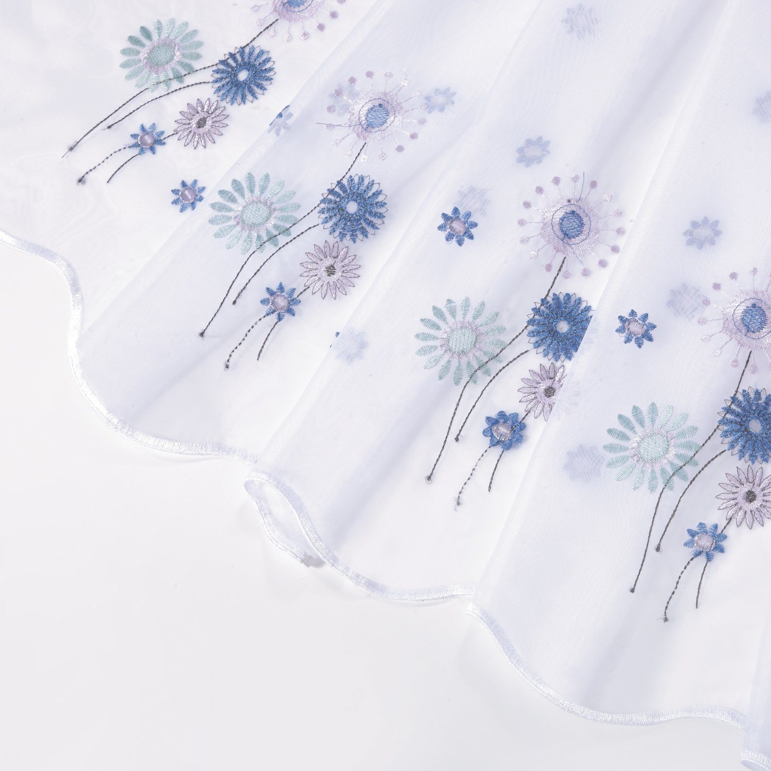 Scheibengardine / Stoff, Gerster, 145 50cm Voile Stangendurchzug, echter Gardine transparenter FLOWERS Transparent Stickereibistro Blau