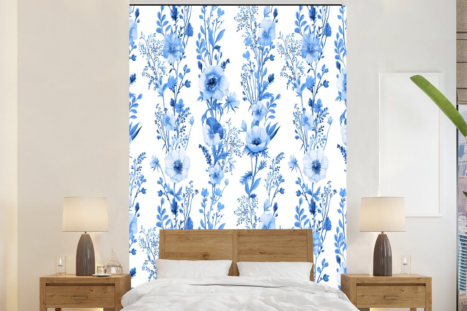 MuchoWow Fototapete Blumen - Anemone - Blau - Muster, Matt, bedruckt, (3 St), Montagefertig Vinyl Tapete für Wohnzimmer, Wandtapete